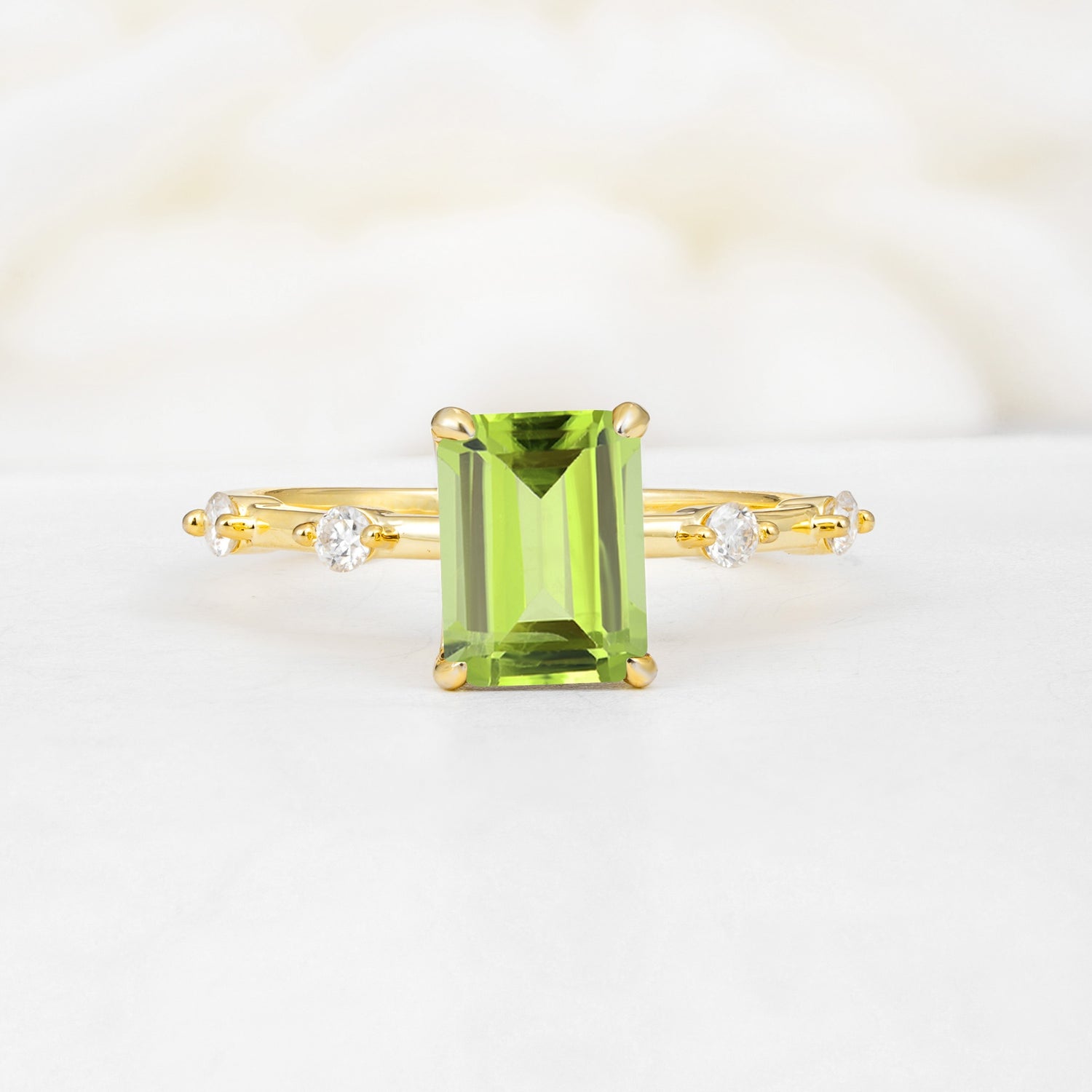 Minimalist Emerald Cut Side Stone Accent Peridot Engagement Ring - Additional view