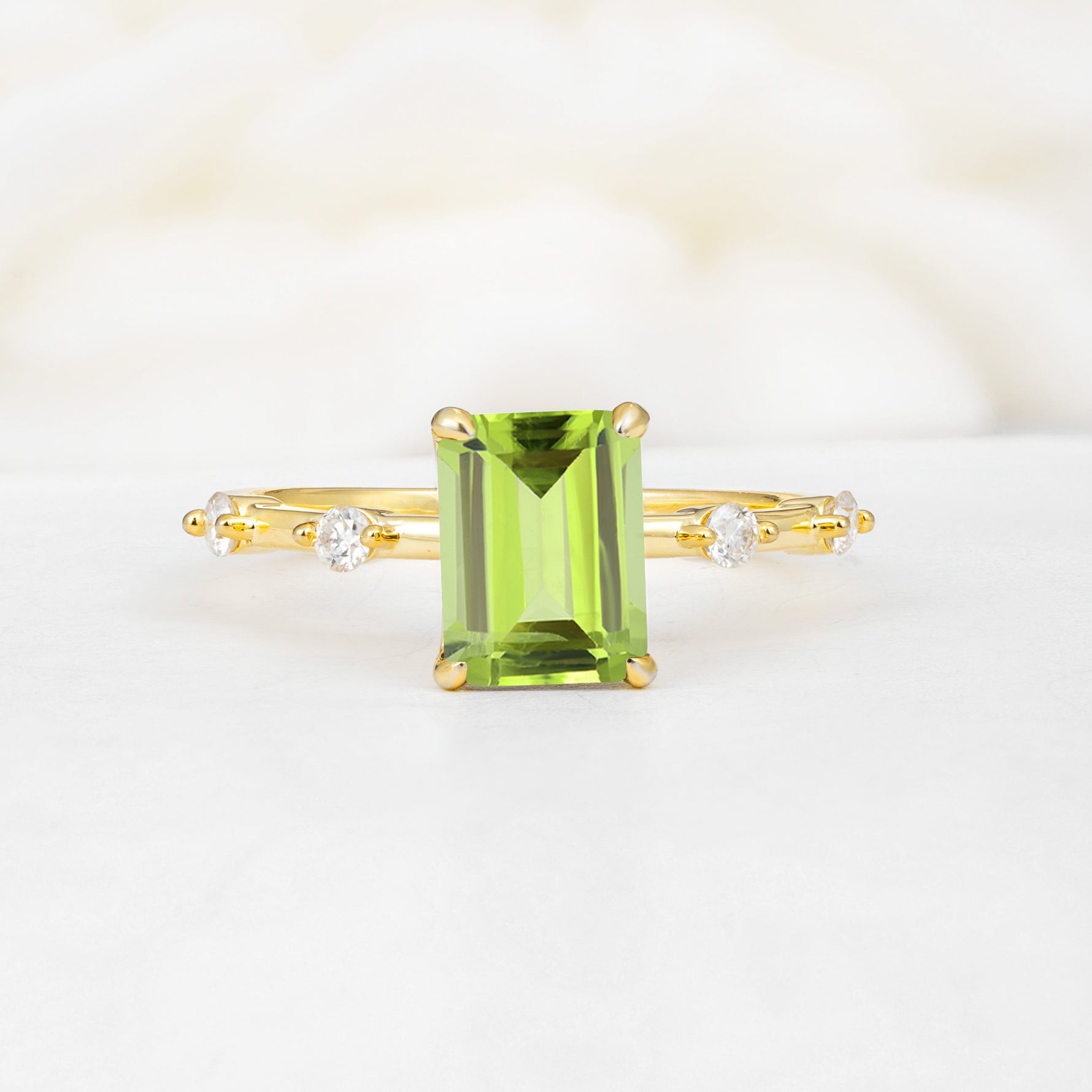 Minimalist Emerald Cut Side Stone Accent Peridot Engagement Ring - Additional view