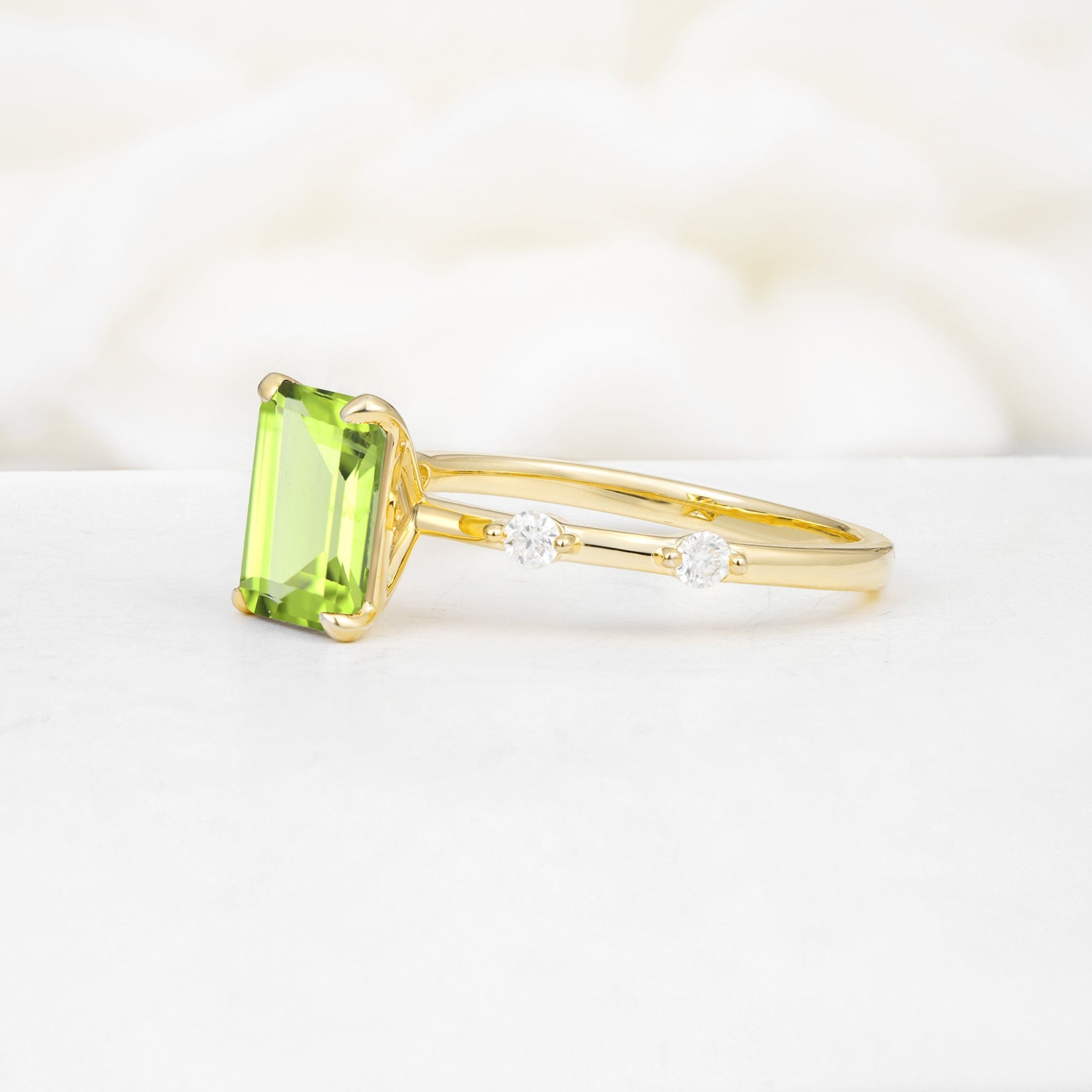 Minimalist Emerald Cut Side Stone Accent Peridot Engagement Ring - Additional view
