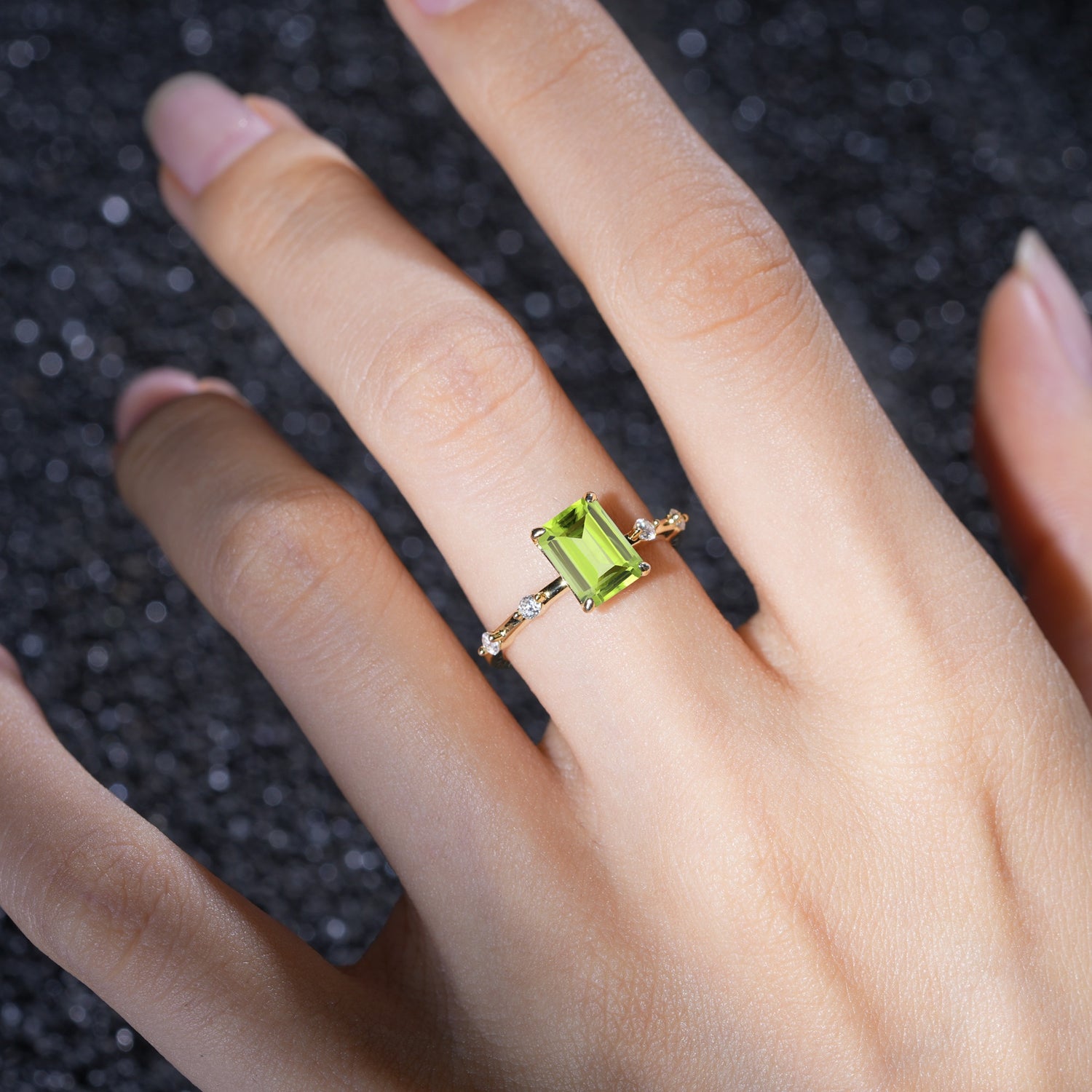 Minimalist Emerald Cut Side Stone Accent Peridot Engagement Ring - Additional view