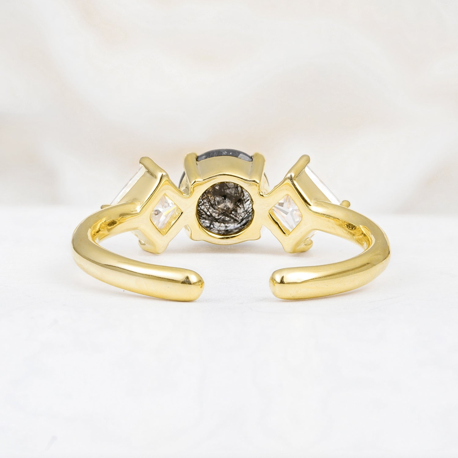 Vintage Floral Round Cut Fire Black Rutilated Quartz Engagement Ring