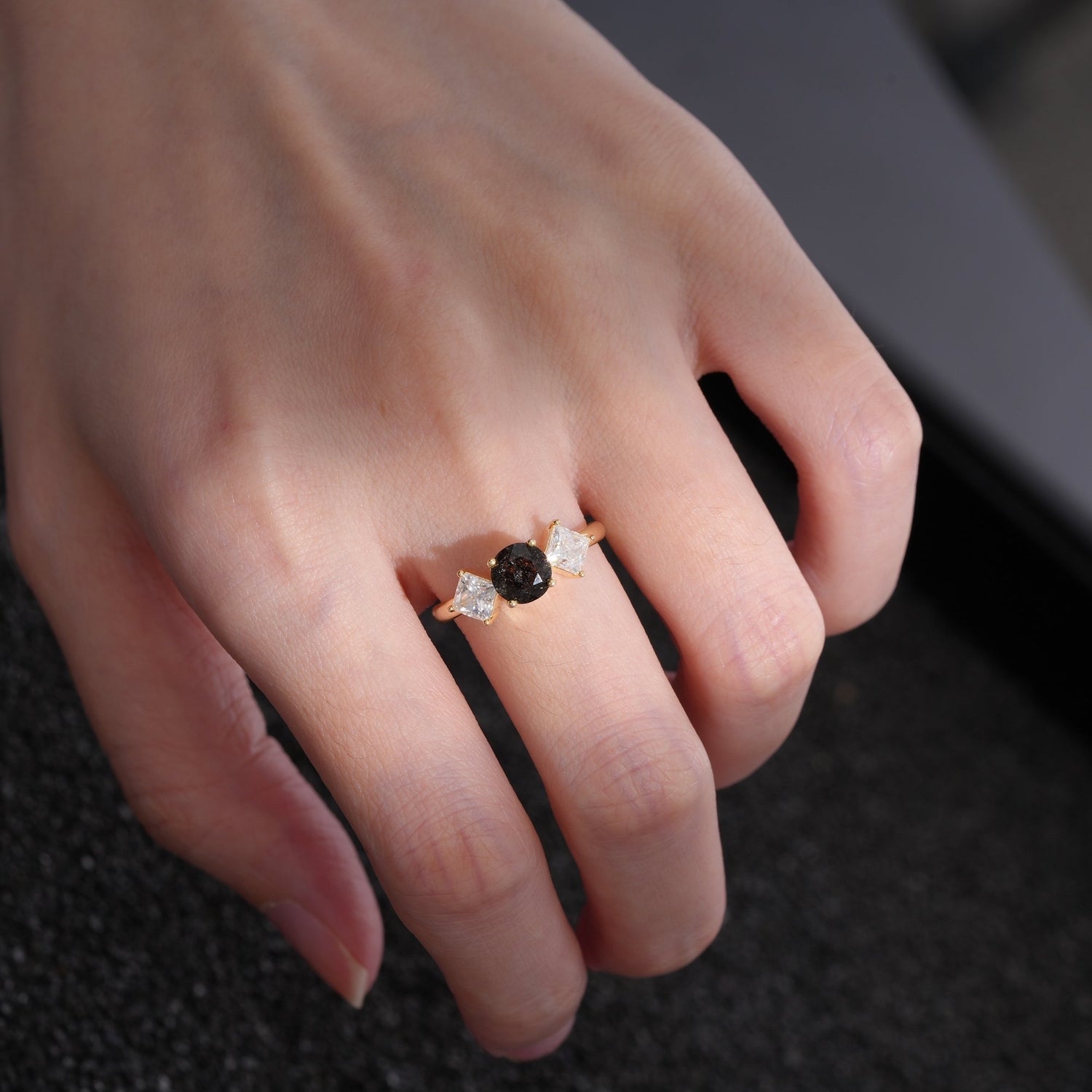 Vintage Floral Round Cut Fire Black Rutilated Quartz Engagement Ring