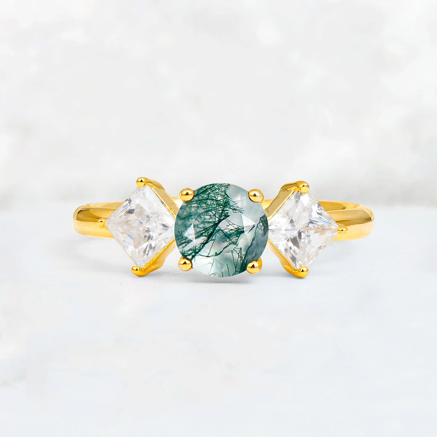 Vintage Floral Round Cut Fire Moss Agate Engagement Ring