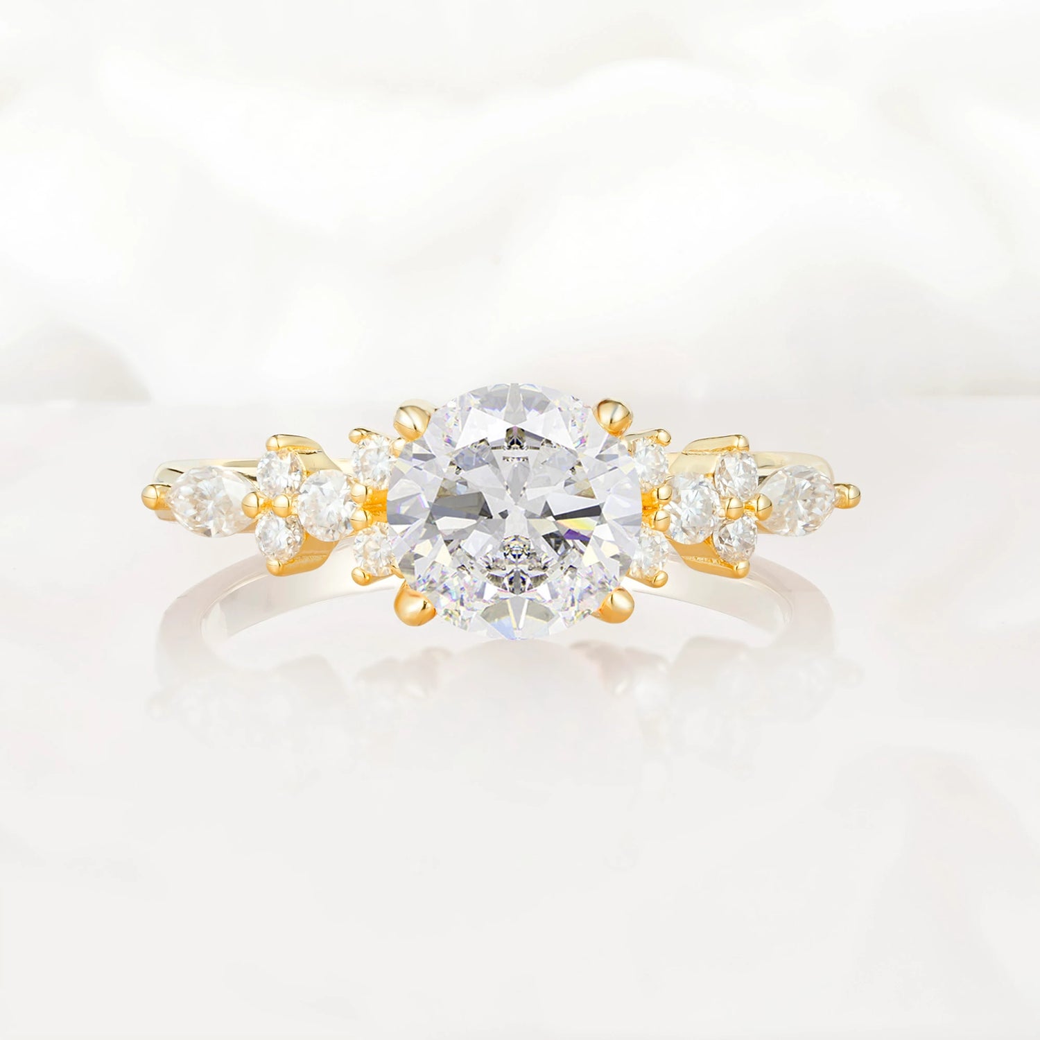 Round Cut Moissanite Engagement Ring with Floral Side Stone Design