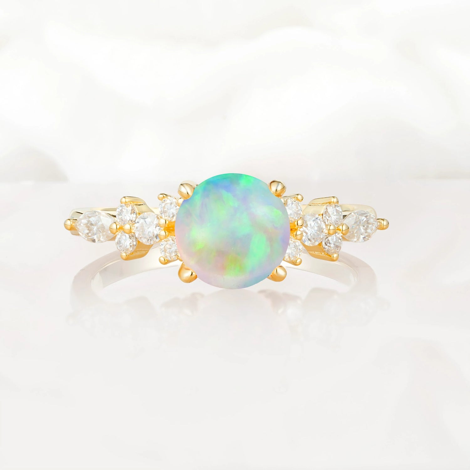 Round Cut Opal Engagement Ring with Floral Side Stone Design