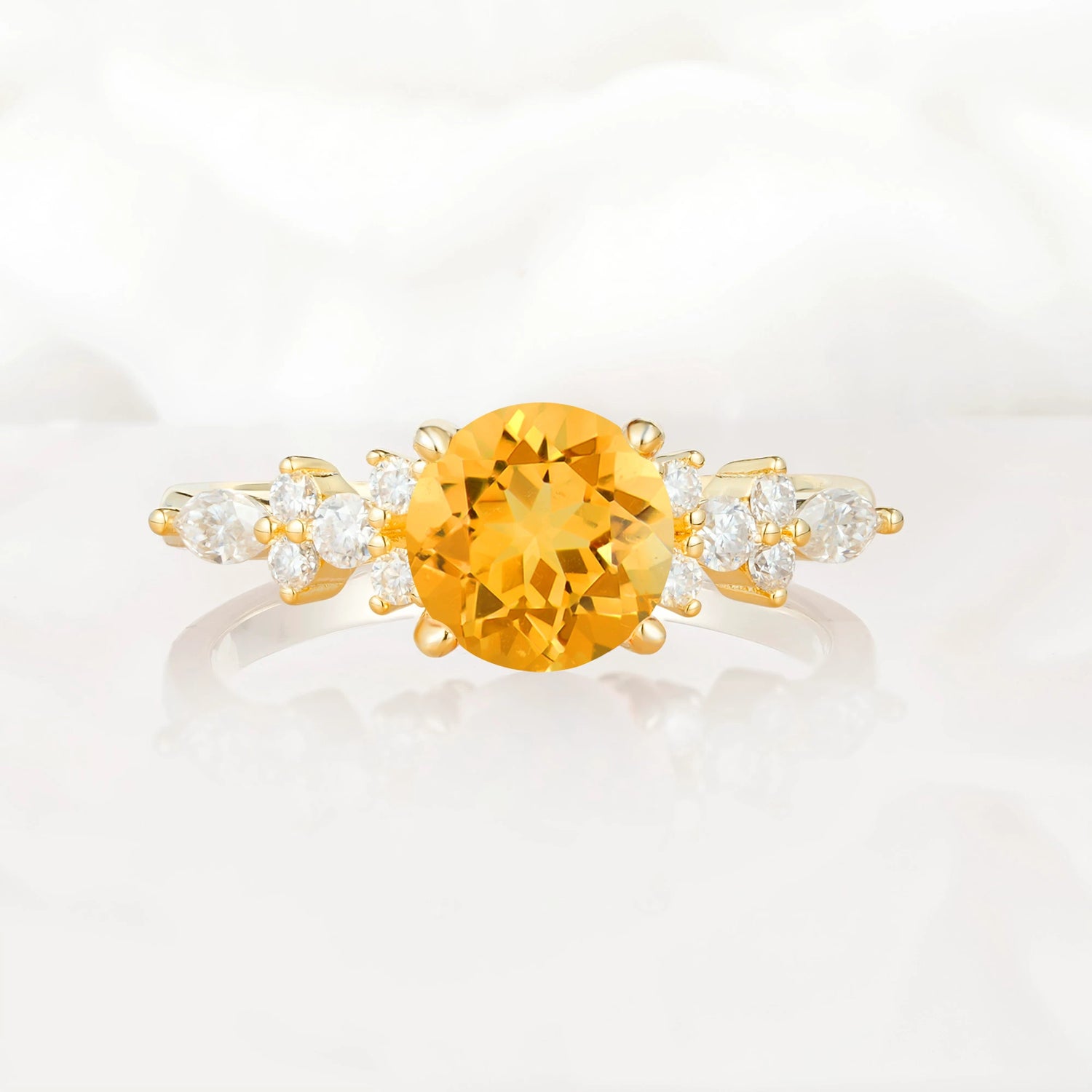 Round Cut Citrine Engagement Ring with Floral Side Stone Design