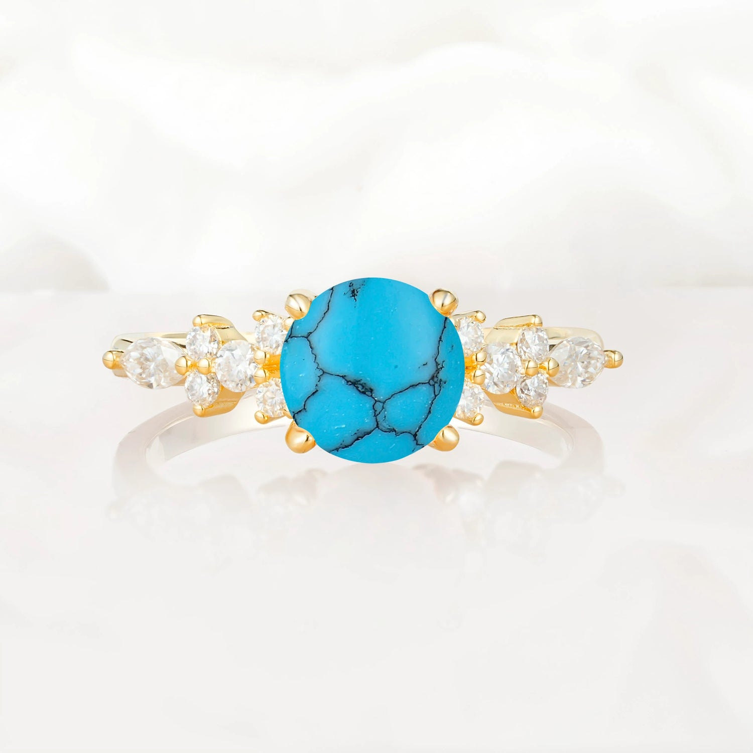Round Cut Turquoise Engagement Ring with Floral Side Stone Design