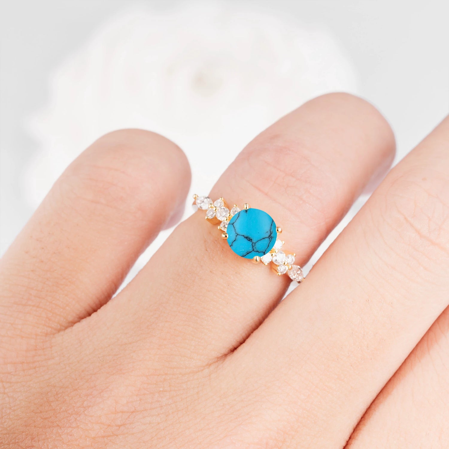 Round Cut Turquoise Engagement Ring with Floral Side Stone Design