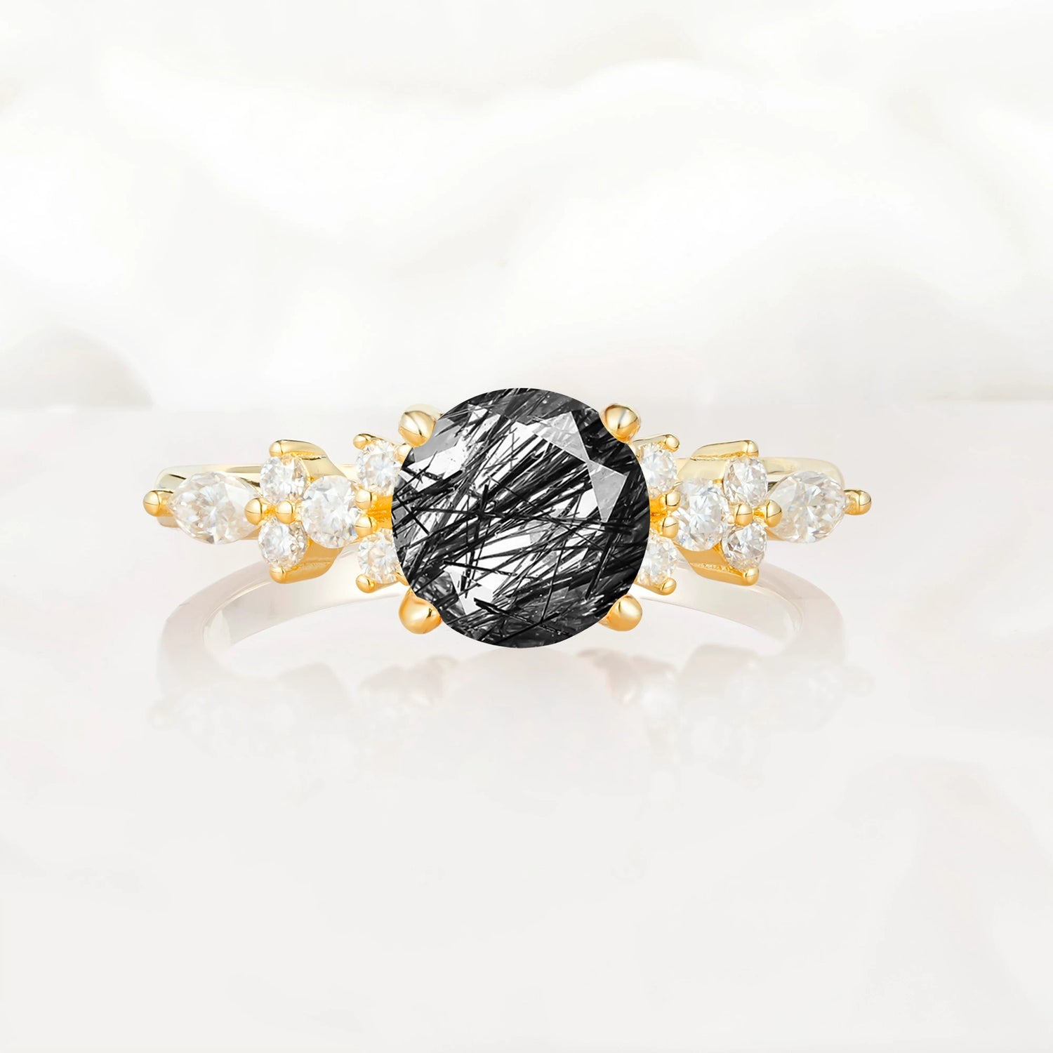 Round Cut Black Rutilated Quartz Engagement Ring with Floral Side Stone Design