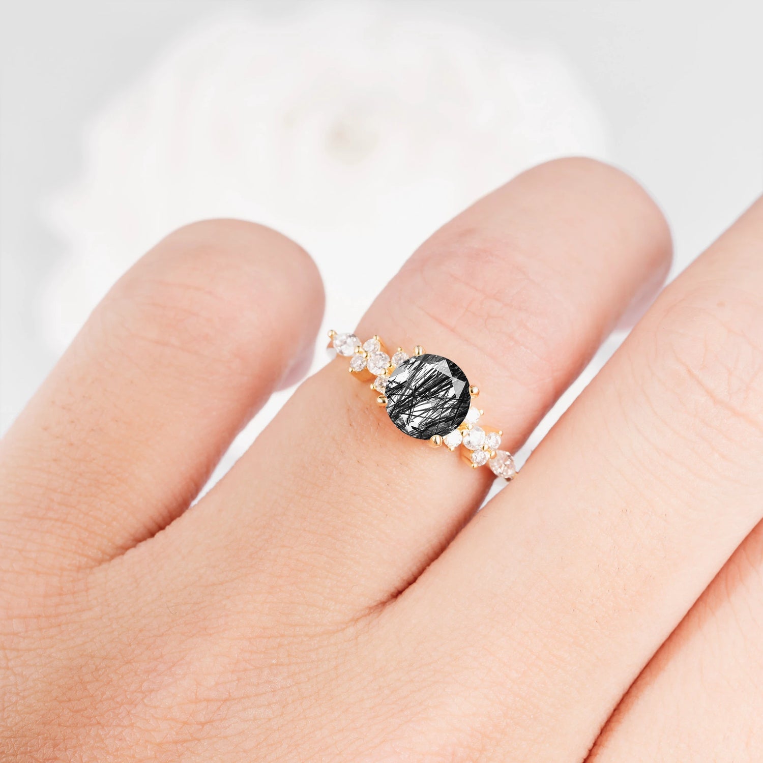 Round Cut Black Rutilated Quartz Engagement Ring with Floral Side Stone Design