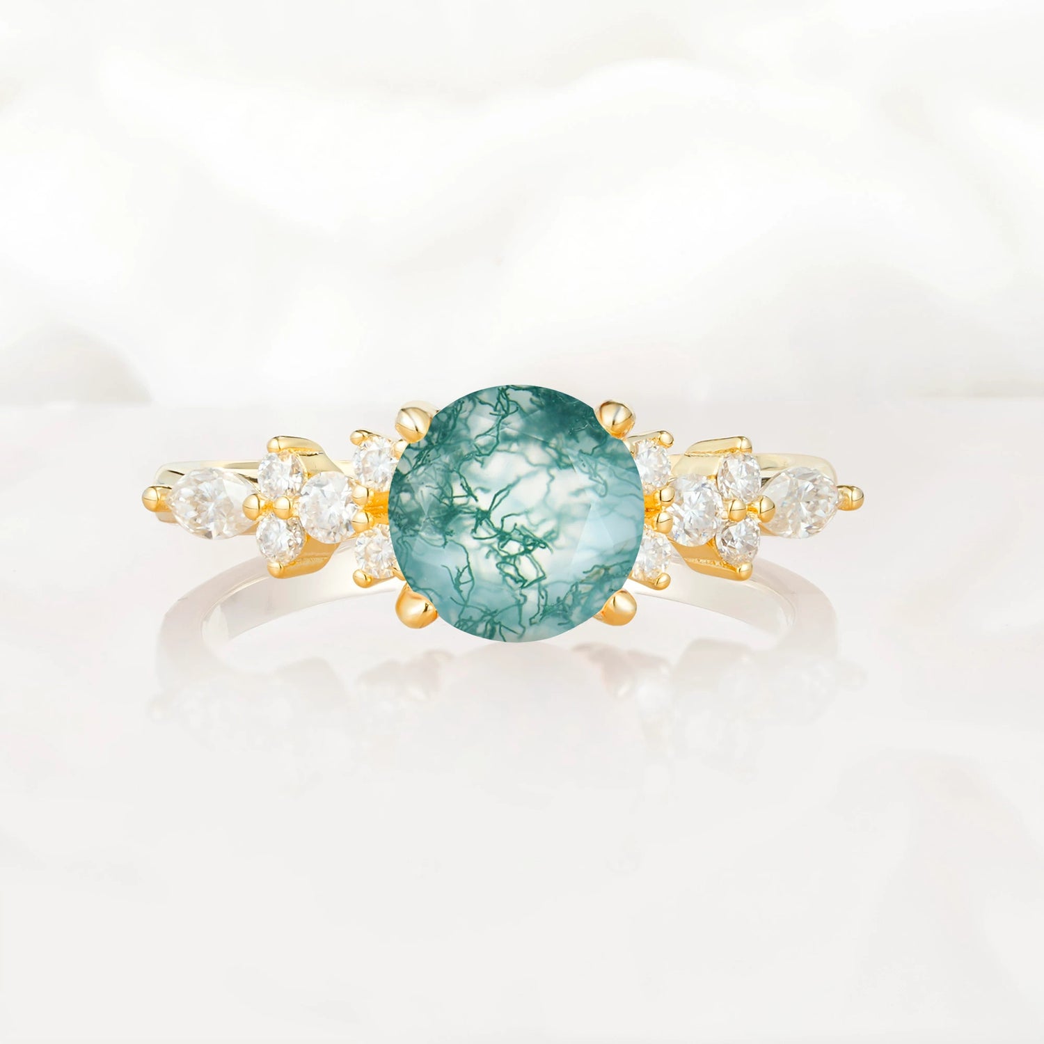 Round Cut Moss Agate Engagement Ring with Floral Side Stone Design