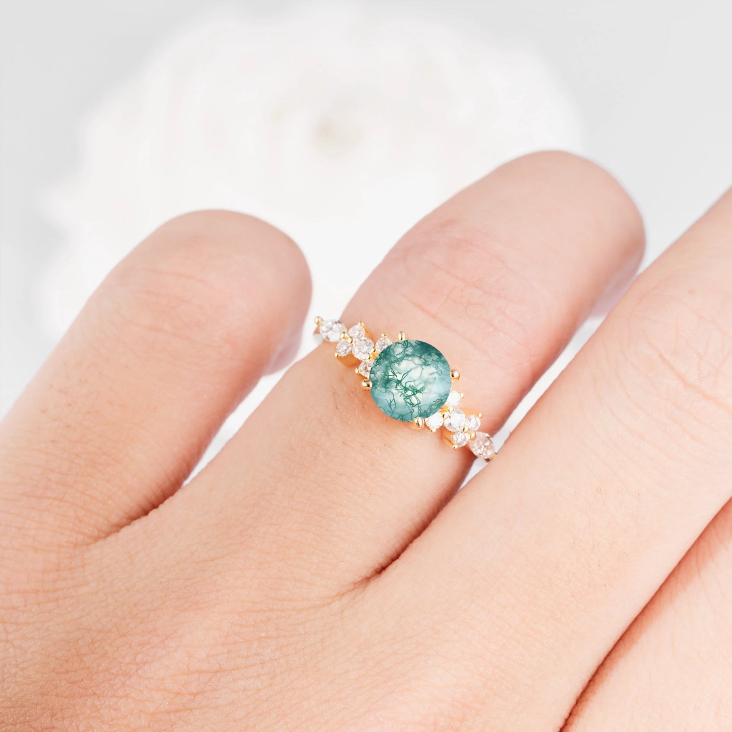 Round Cut Moss Agate Engagement Ring with Floral Side Stone Design