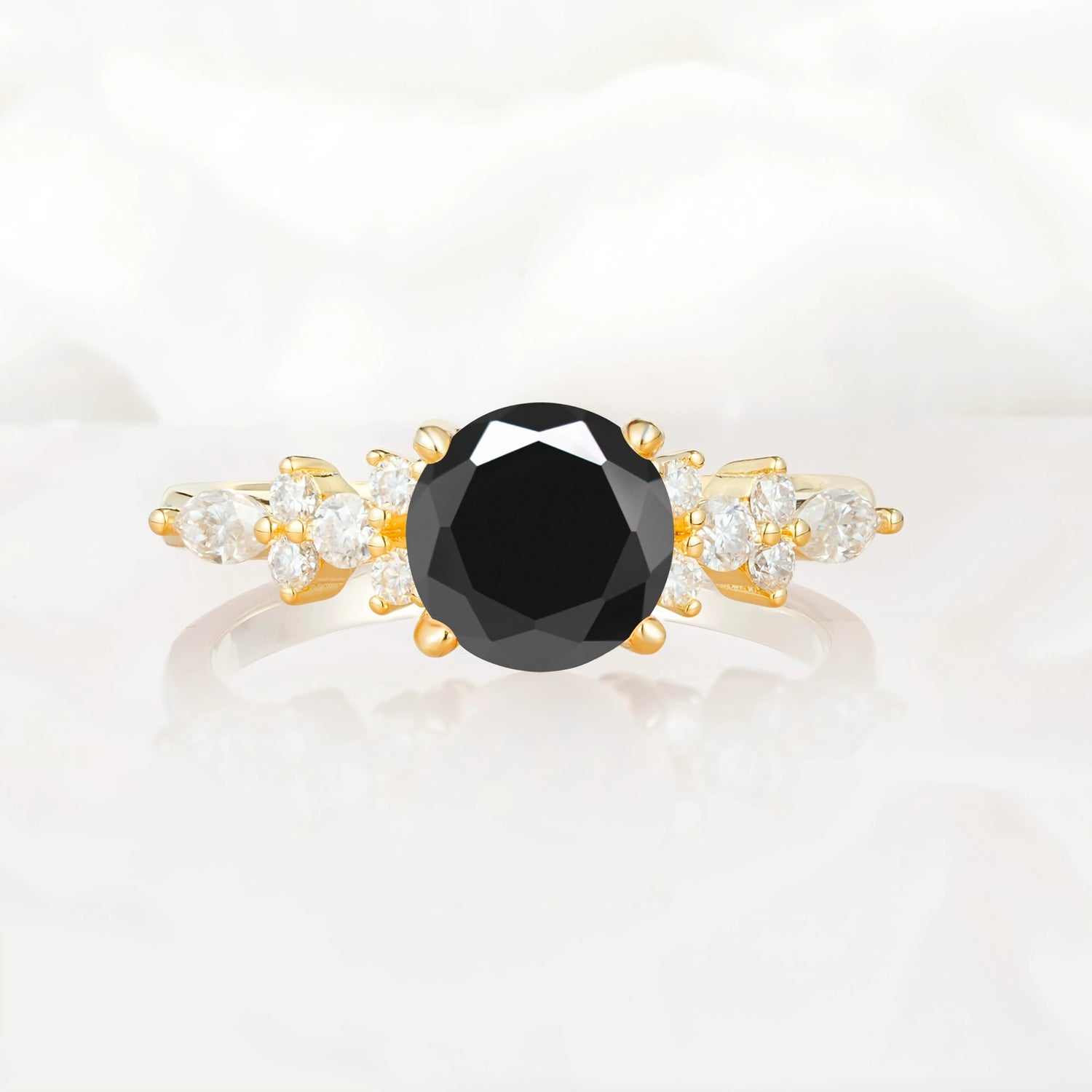 Round Cut Black Onyx Engagement Ring with Floral Side Stone Design