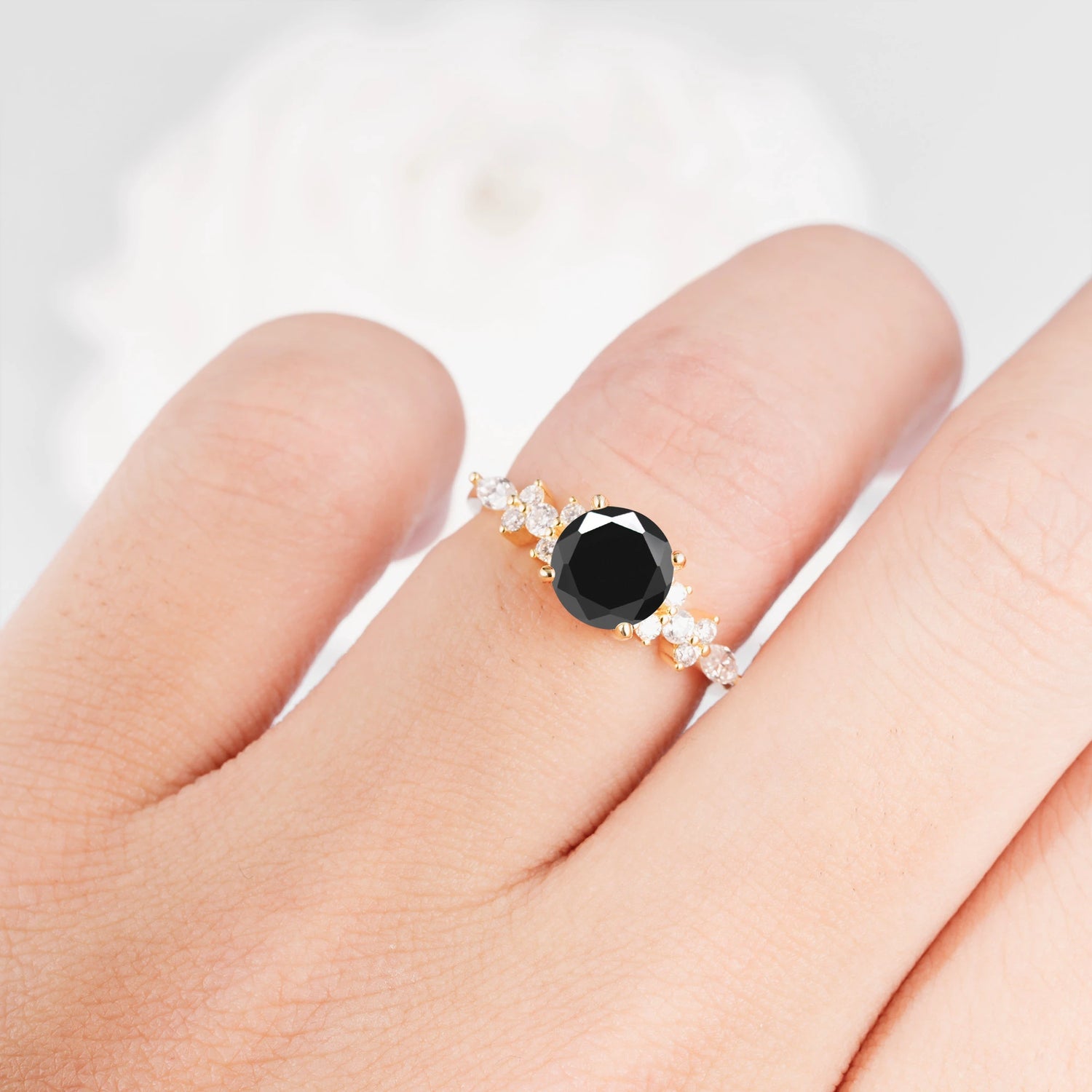 Round Cut Black Onyx Engagement Ring with Floral Side Stone Design
