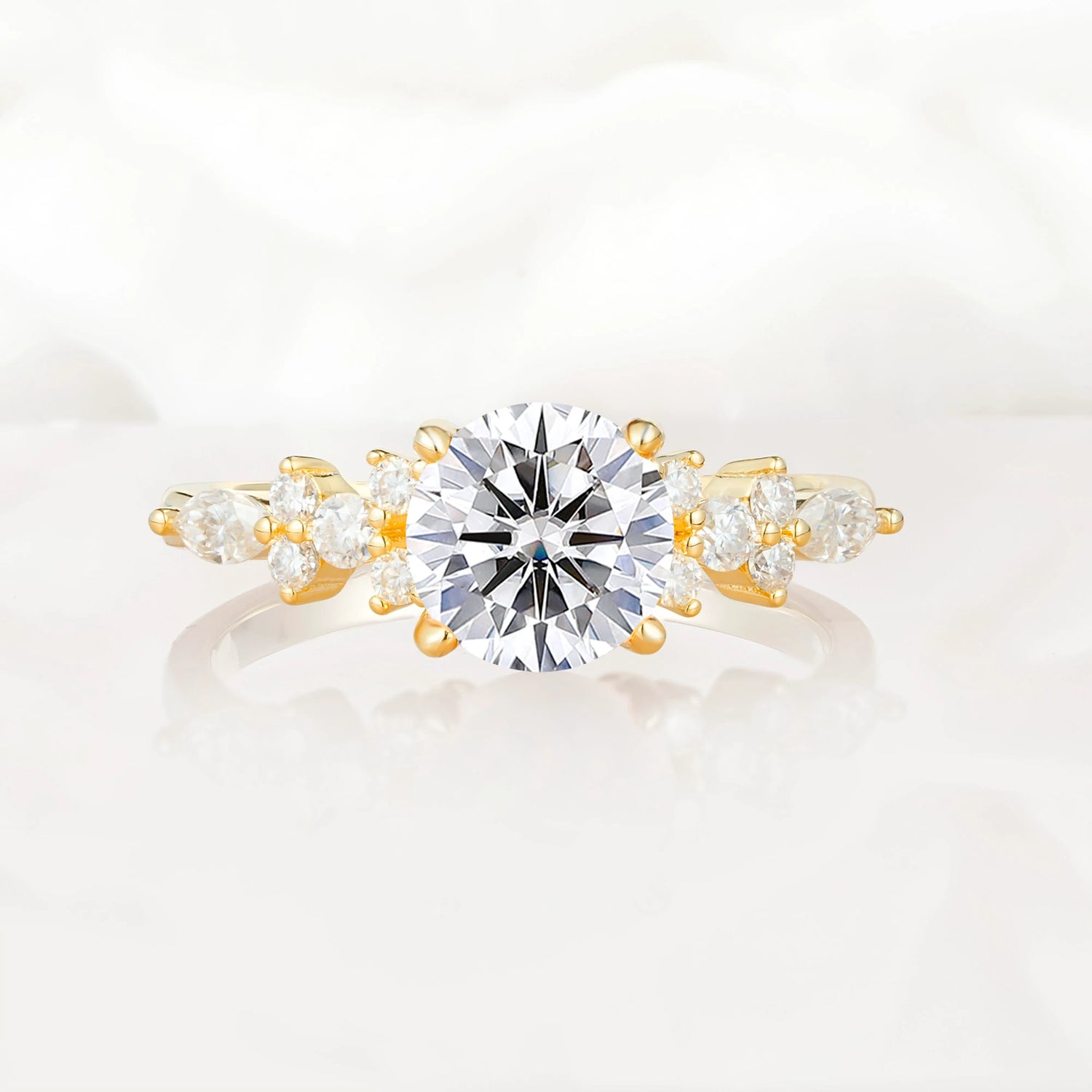 Round Cut Lab Diamond Engagement Ring with Floral Side Stone Design