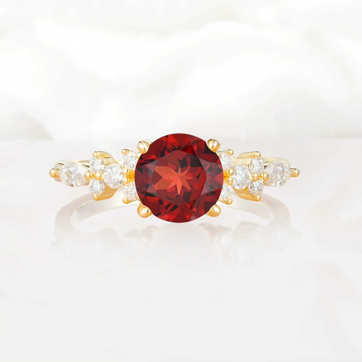 Round Cut Garnet Engagement Ring with Floral Side Stone Design