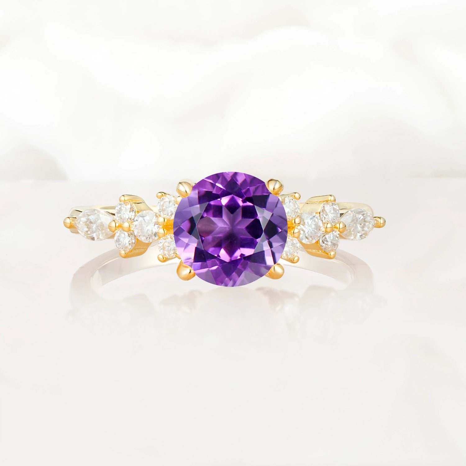 Round Cut Amethyst Engagement Ring with Floral Side Stone Design