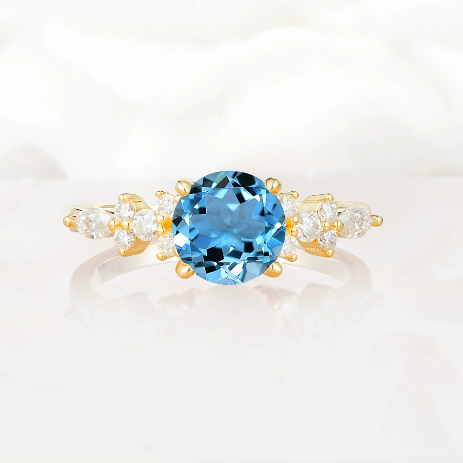 Round Cut Aquamarine Engagement Ring with Floral Side Stone Design