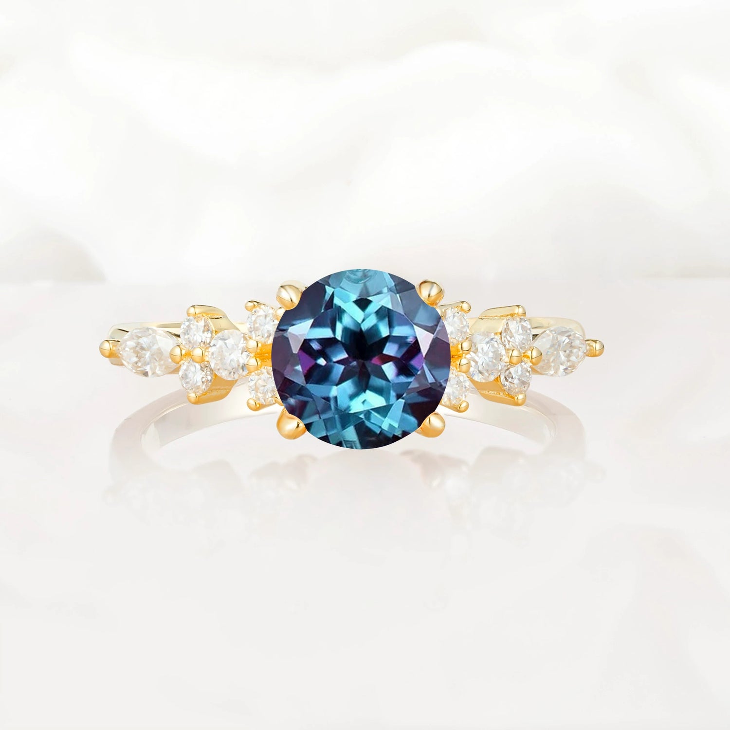 Round Cut Alexandrite Engagement Ring with Floral Side Stone Design