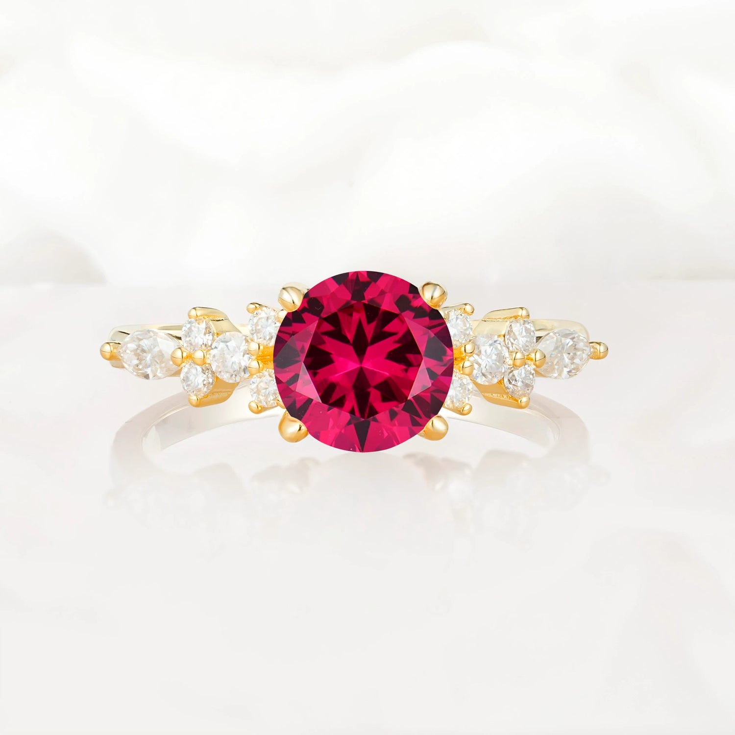 Round Cut Ruby Engagement Ring with Floral Side Stone Design