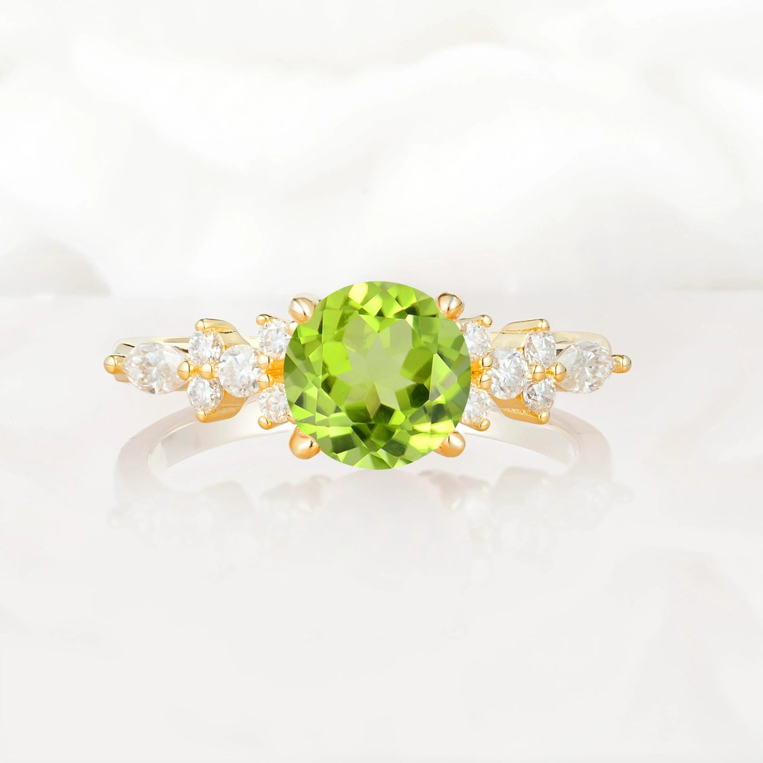 Round Cut Peridot Engagement Ring with Floral Side Stone Design