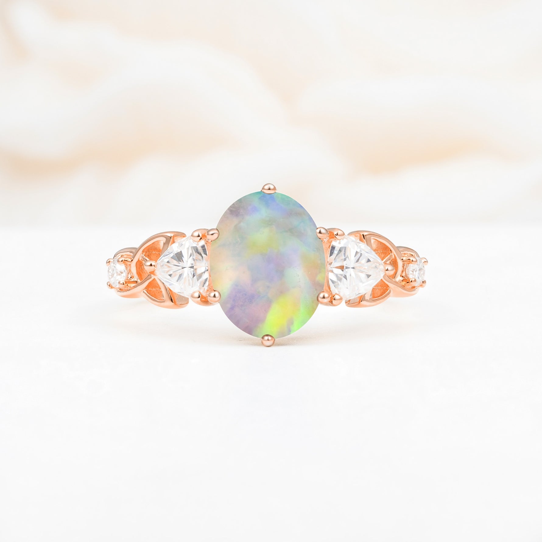 Elegant Oval Cut Trillion Side Accent Fire Opal Engagement Ring - Additional view