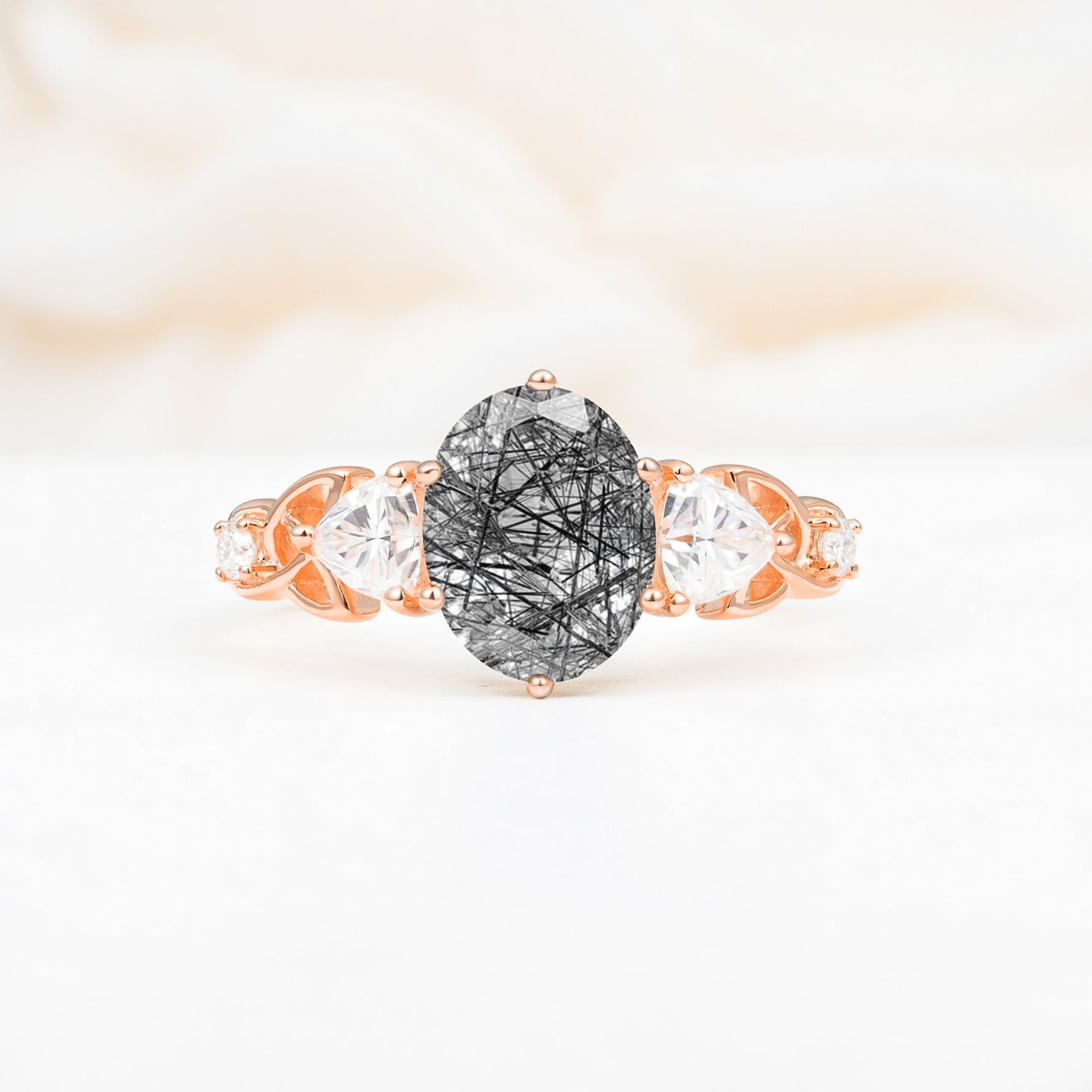 Elegant Oval Cut Trillion Side Accent Black Rutilated Quartz Engagement Ring - Additional view