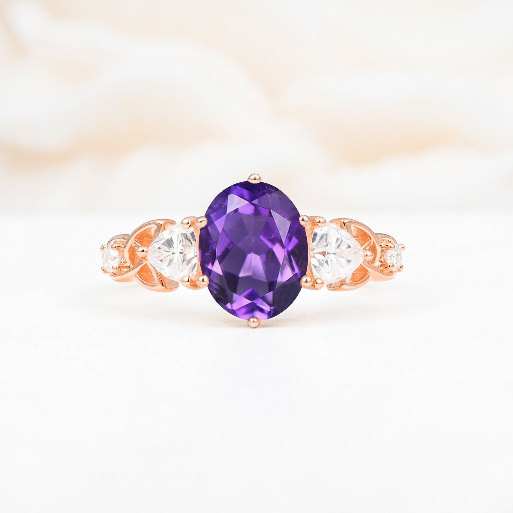 Elegant Oval Cut Trillion Side Accent Amethyst Engagement Ring - Additional view