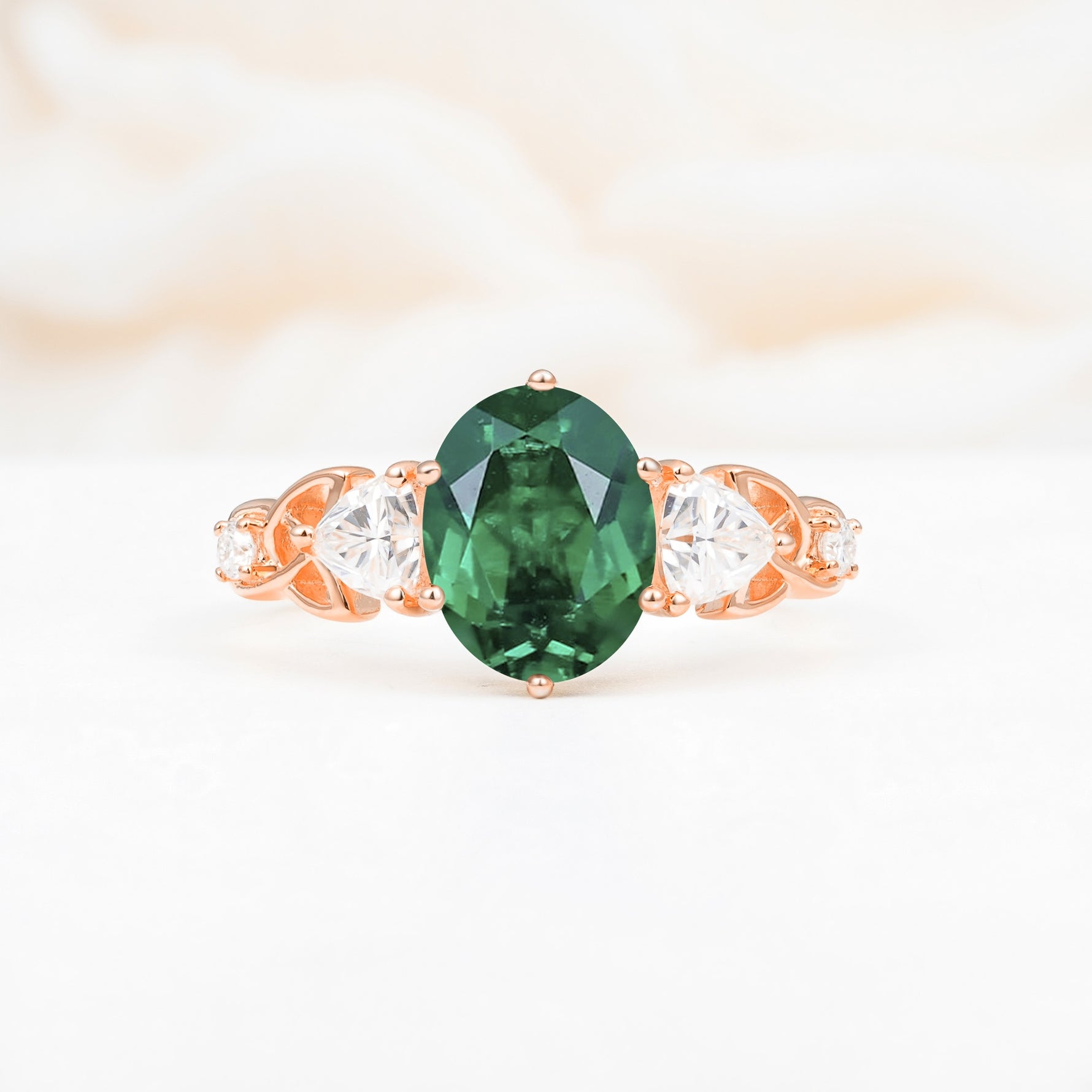 Elegant Oval Cut Trillion Side Accent Emerald Engagement Ring - Additional view