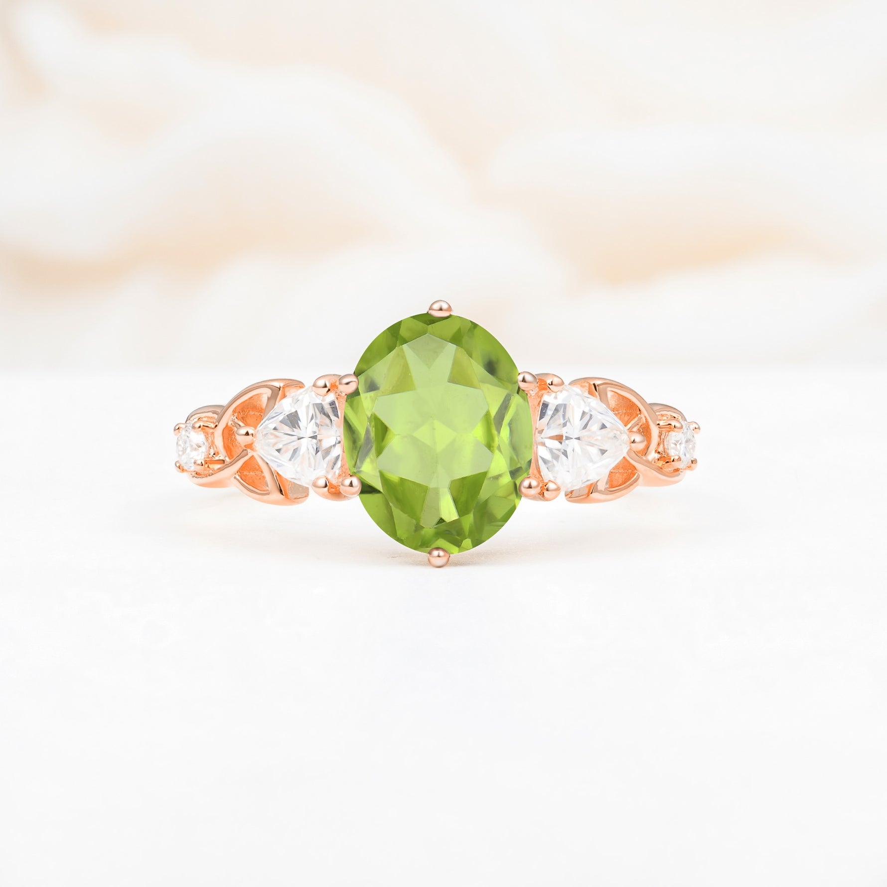 Elegant Oval Cut Trillion Side Accent Peridot Engagement Ring - Additional view