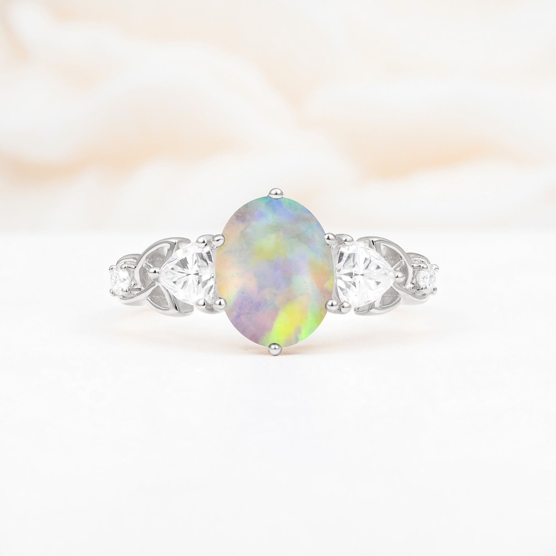 Elegant Oval Cut Trillion Side Accent Fire Opal Engagement Ring - Additional view