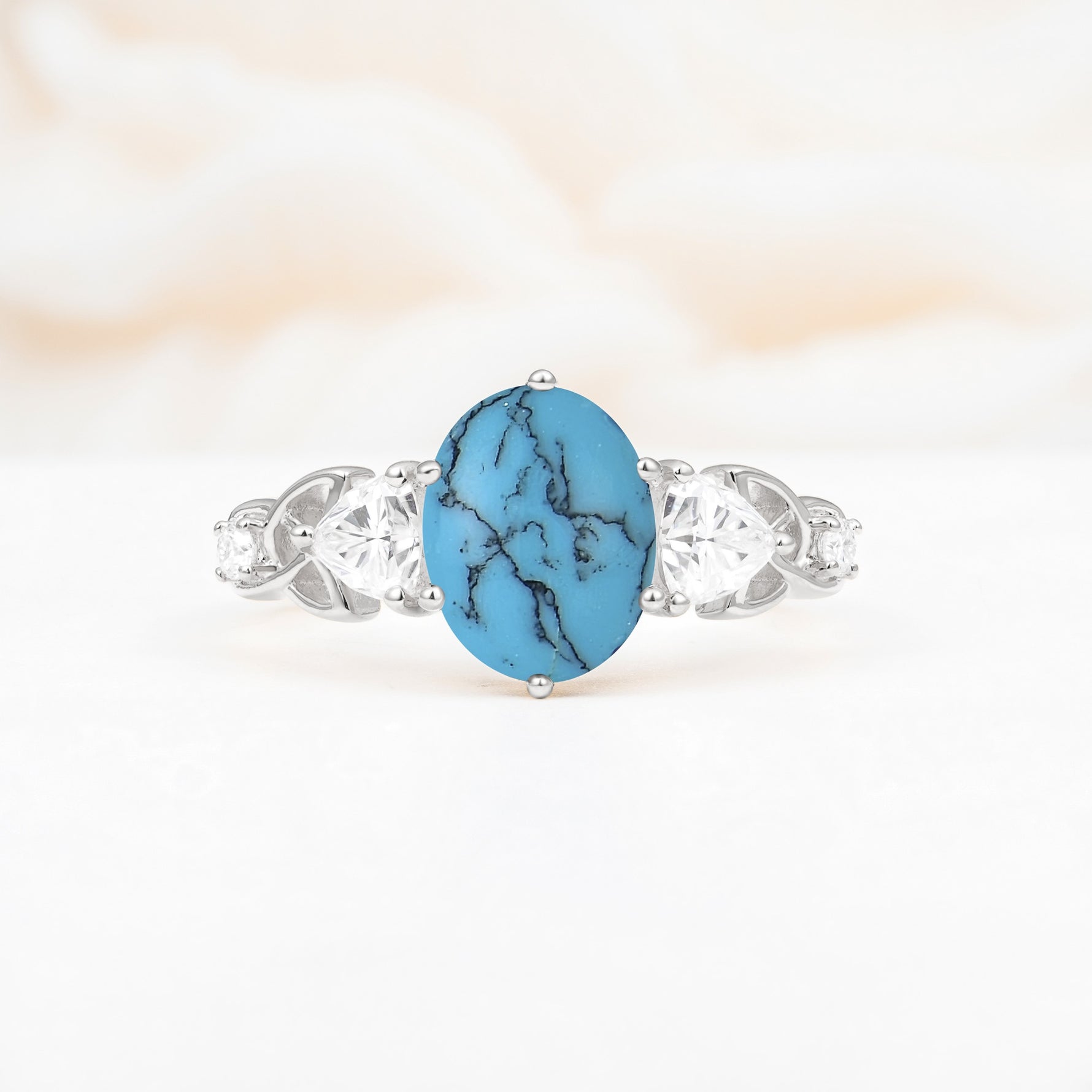 Elegant Oval Cut Trillion Side Accent Turquoise Engagement Ring - Additional view