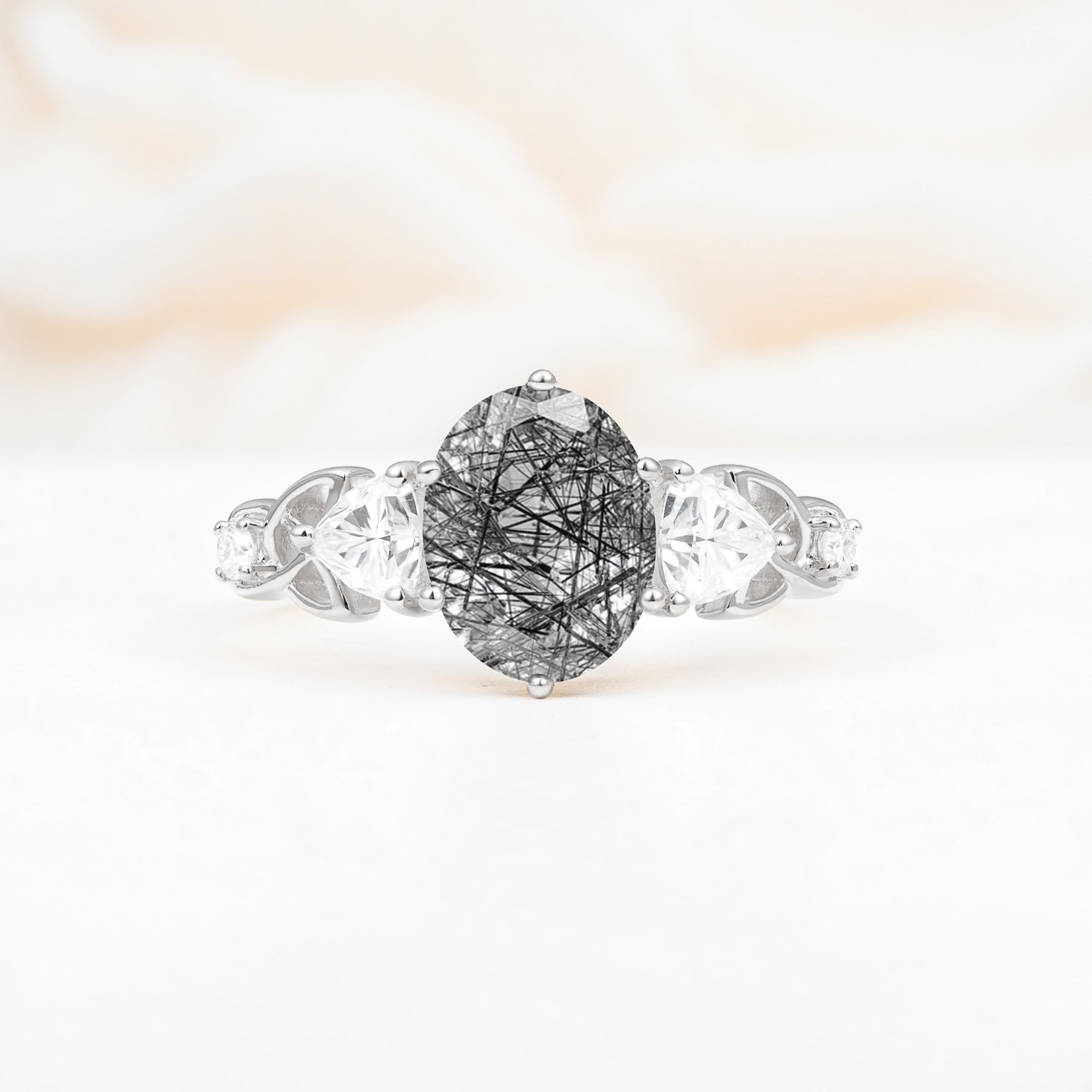 Elegant Oval Cut Trillion Side Accent Black Rutilated Quartz Engagement Ring - Additional view