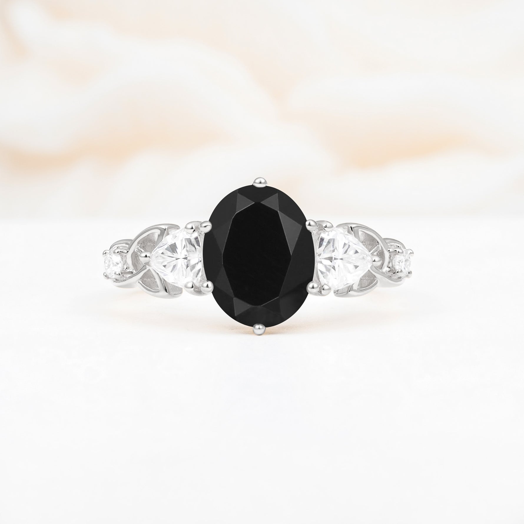 Elegant Oval Cut Trillion Side Accent Black Onyx Engagement Ring - Additional view