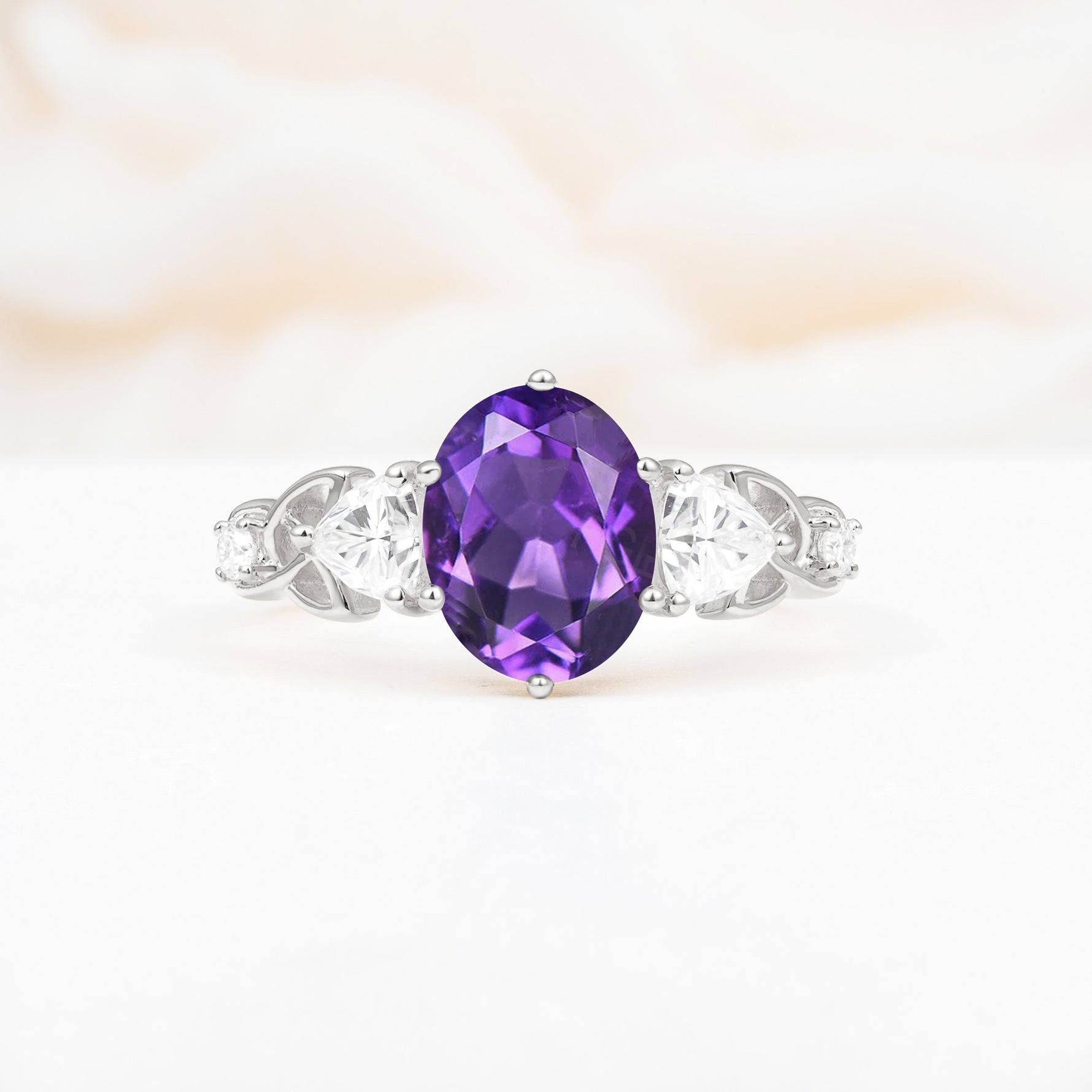 Elegant Oval Cut Trillion Side Accent Amethyst Engagement Ring - Additional view