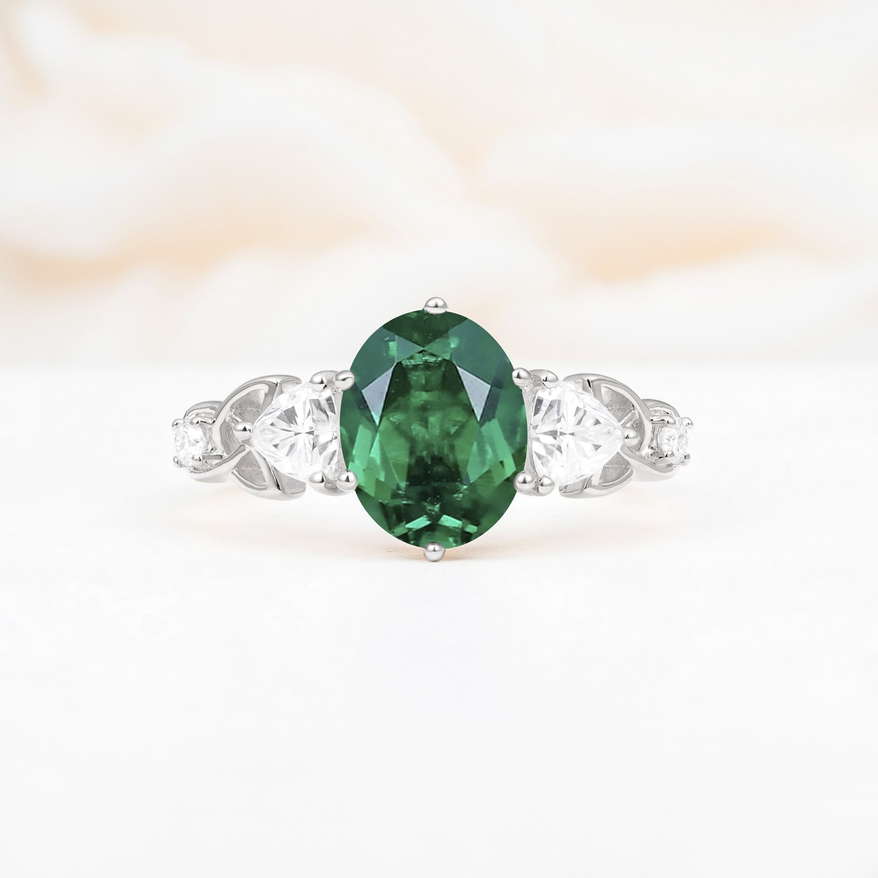 Elegant Oval Cut Trillion Side Accent Emerald Engagement Ring - Additional view