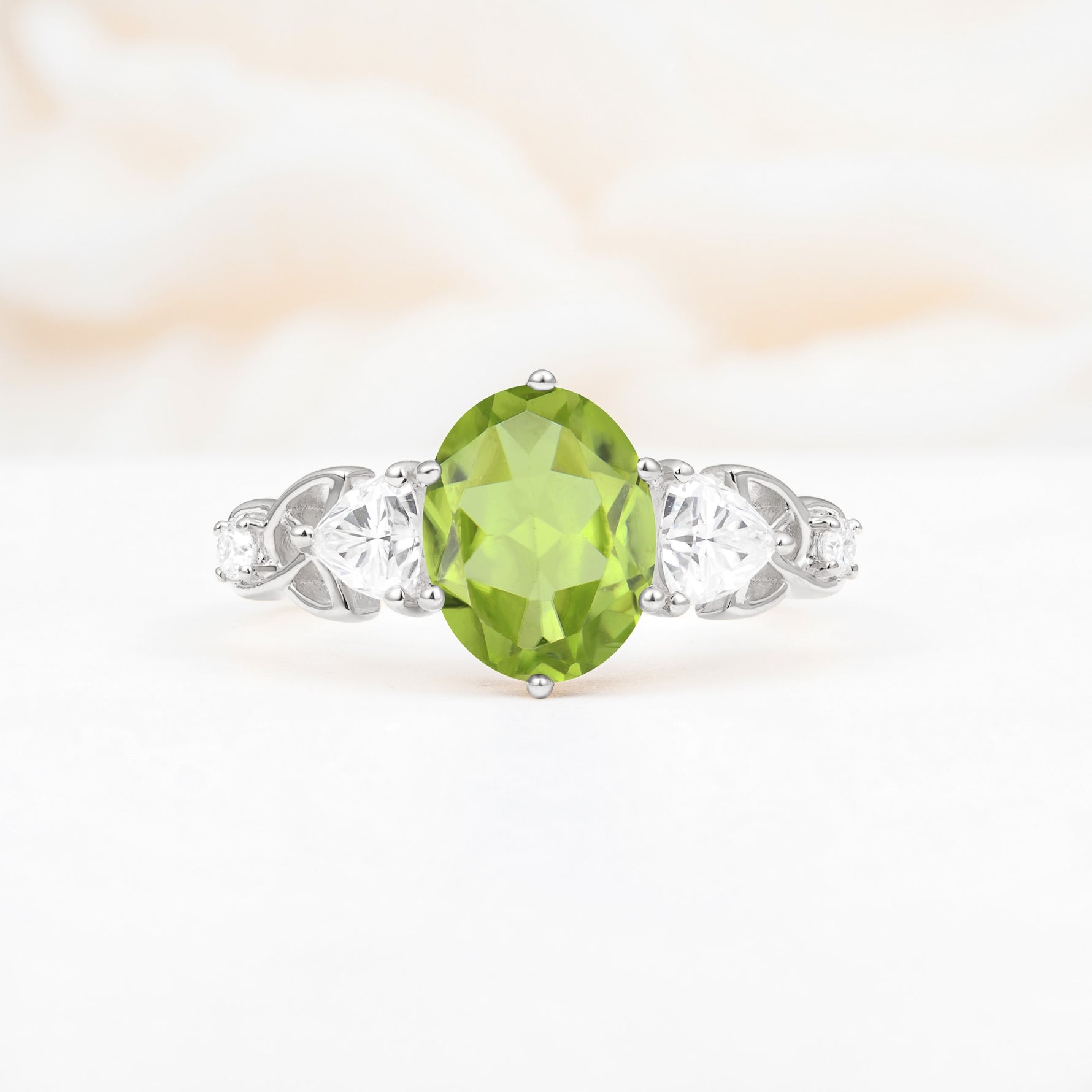 Elegant Oval Cut Trillion Side Accent Peridot Engagement Ring - Additional view