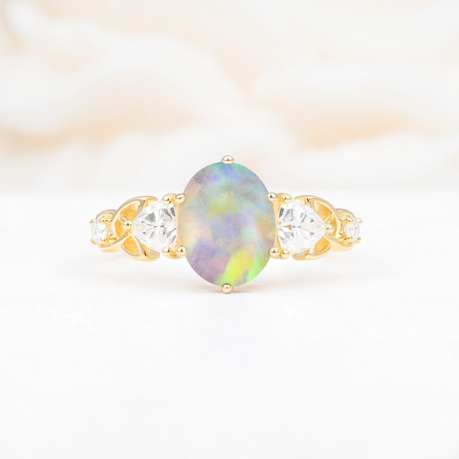 Elegant Oval Cut Trillion Side Accent Fire Opal Engagement Ring - Additional view