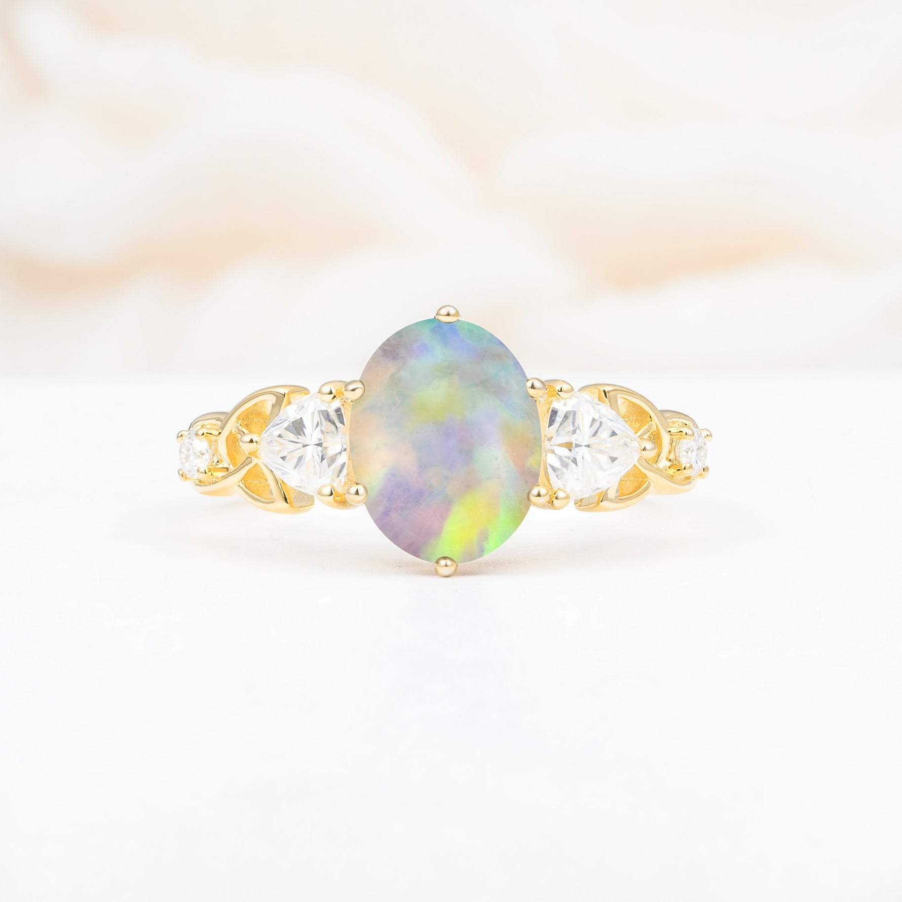 Elegant Oval Cut Trillion Side Accent Fire Opal Engagement Ring - Additional view