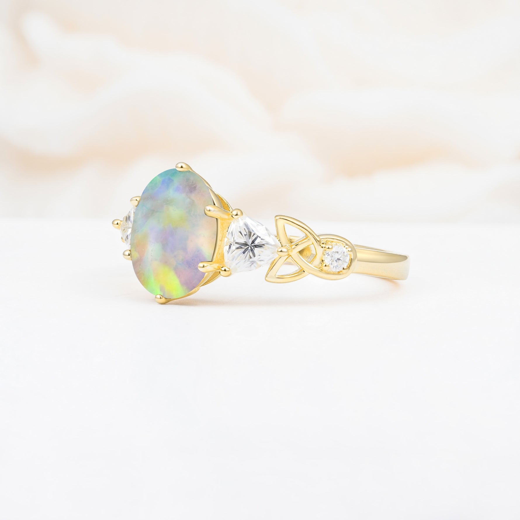 Elegant Oval Cut Trillion Side Accent Fire Opal Engagement Ring - Additional view