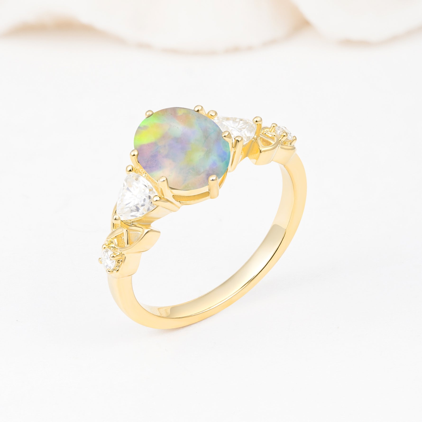 Elegant Oval Cut Trillion Side Accent Fire Opal Engagement Ring - Additional view