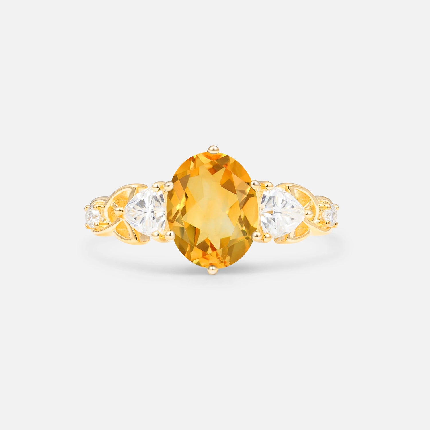 Romantic Three-Stone Oval Citrine Engagement Ring with Pear Round Accents