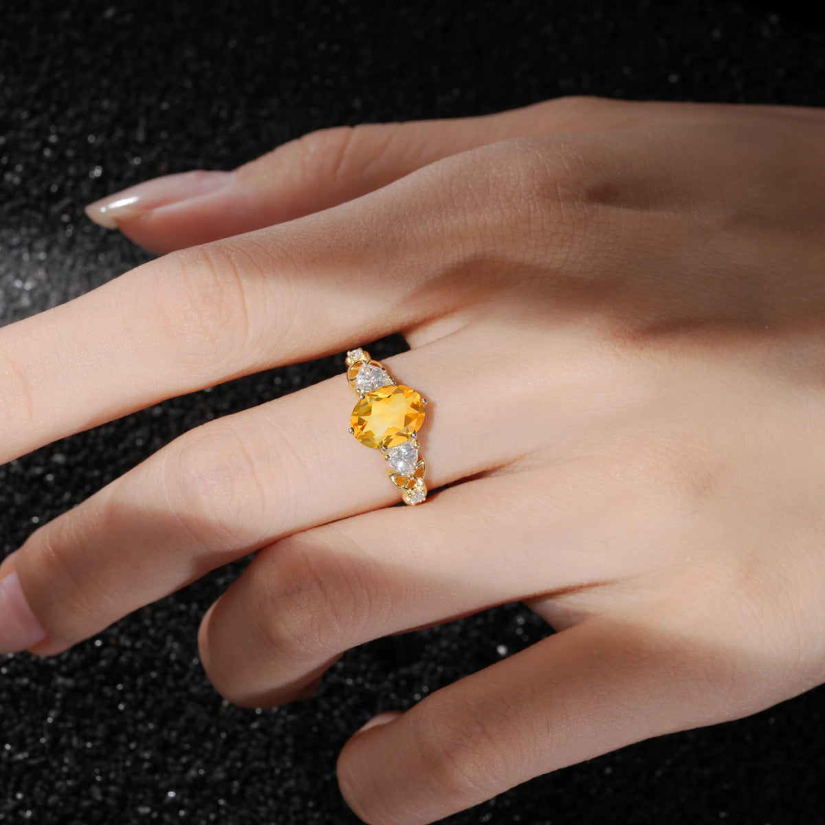 Romantic Three-Stone Oval Citrine Engagement Ring with Pear Round Accents