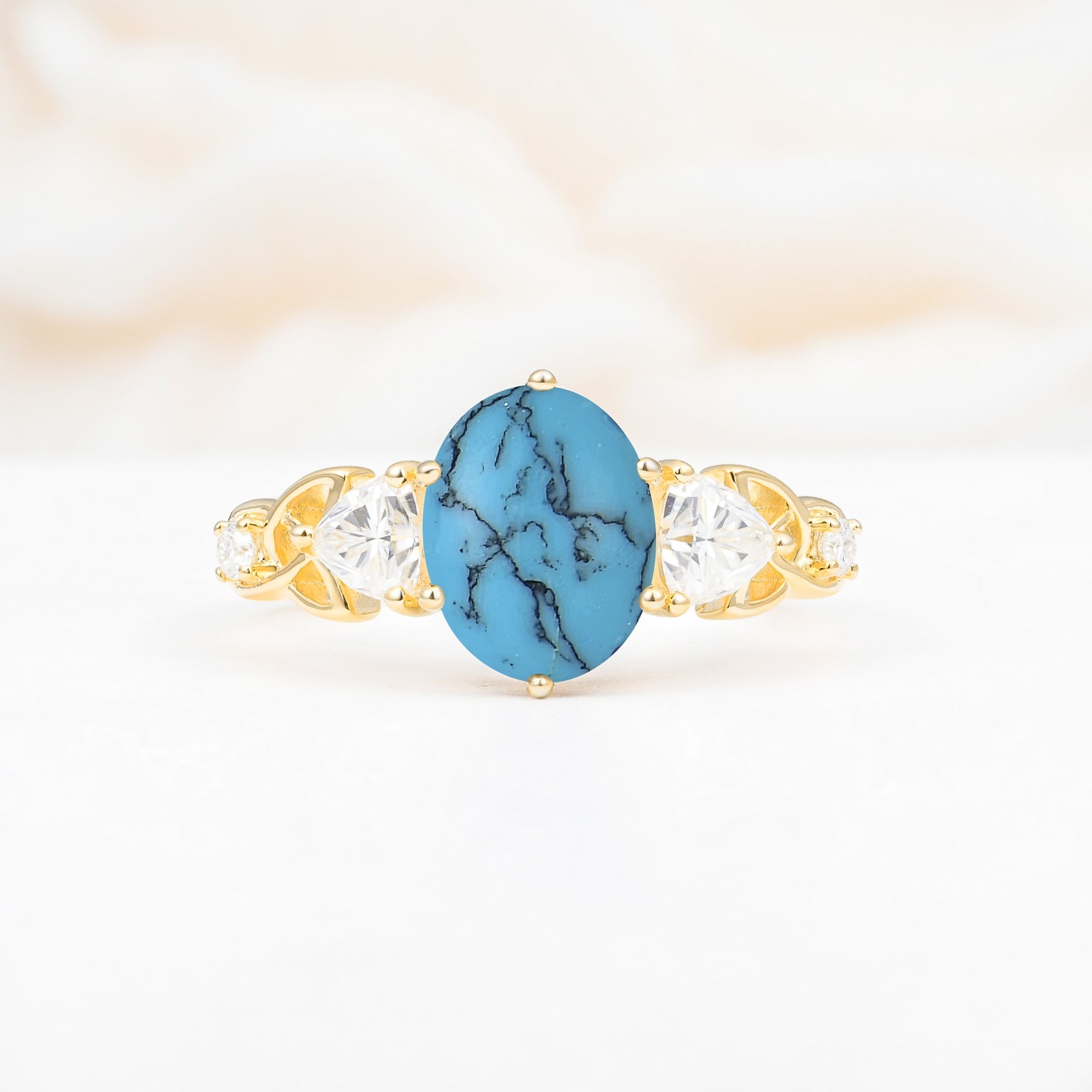 Elegant Oval Cut Trillion Side Accent Turquoise Engagement Ring - Additional view