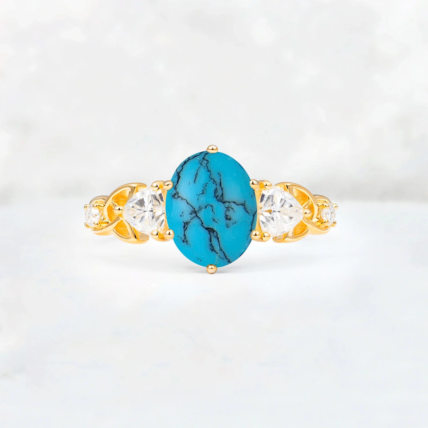 Elegant Oval Cut Trillion Side Accent Turquoise Engagement Ring