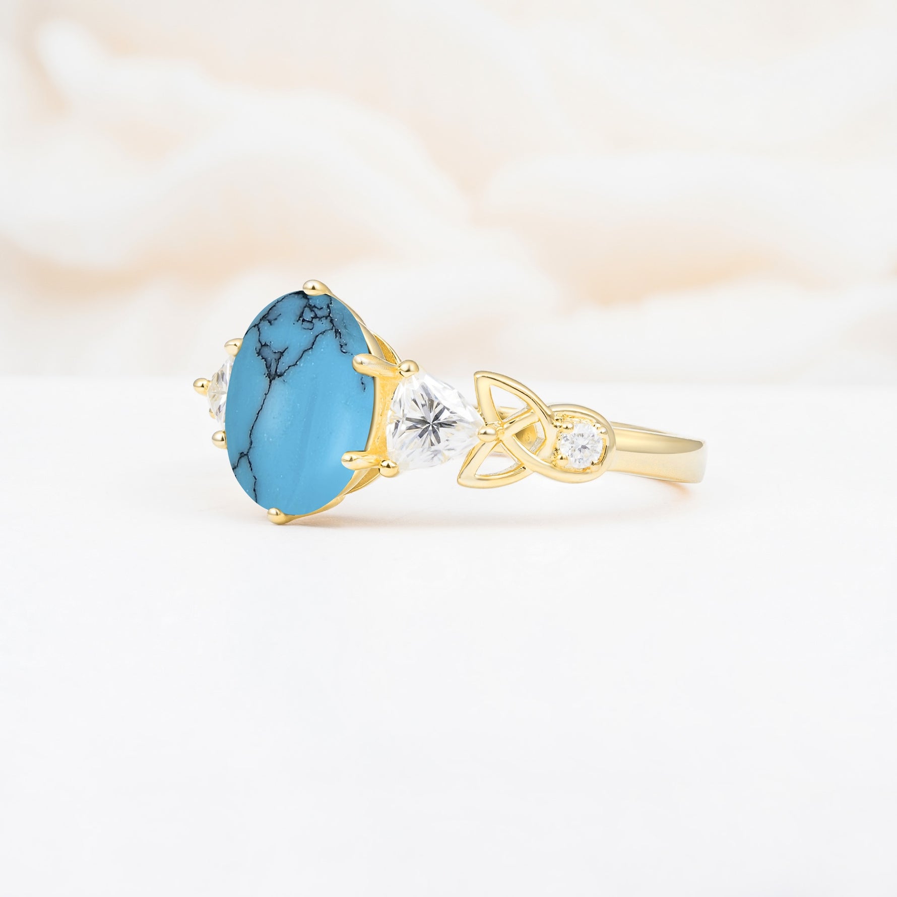 Elegant Oval Cut Trillion Side Accent Turquoise Engagement Ring - Additional view