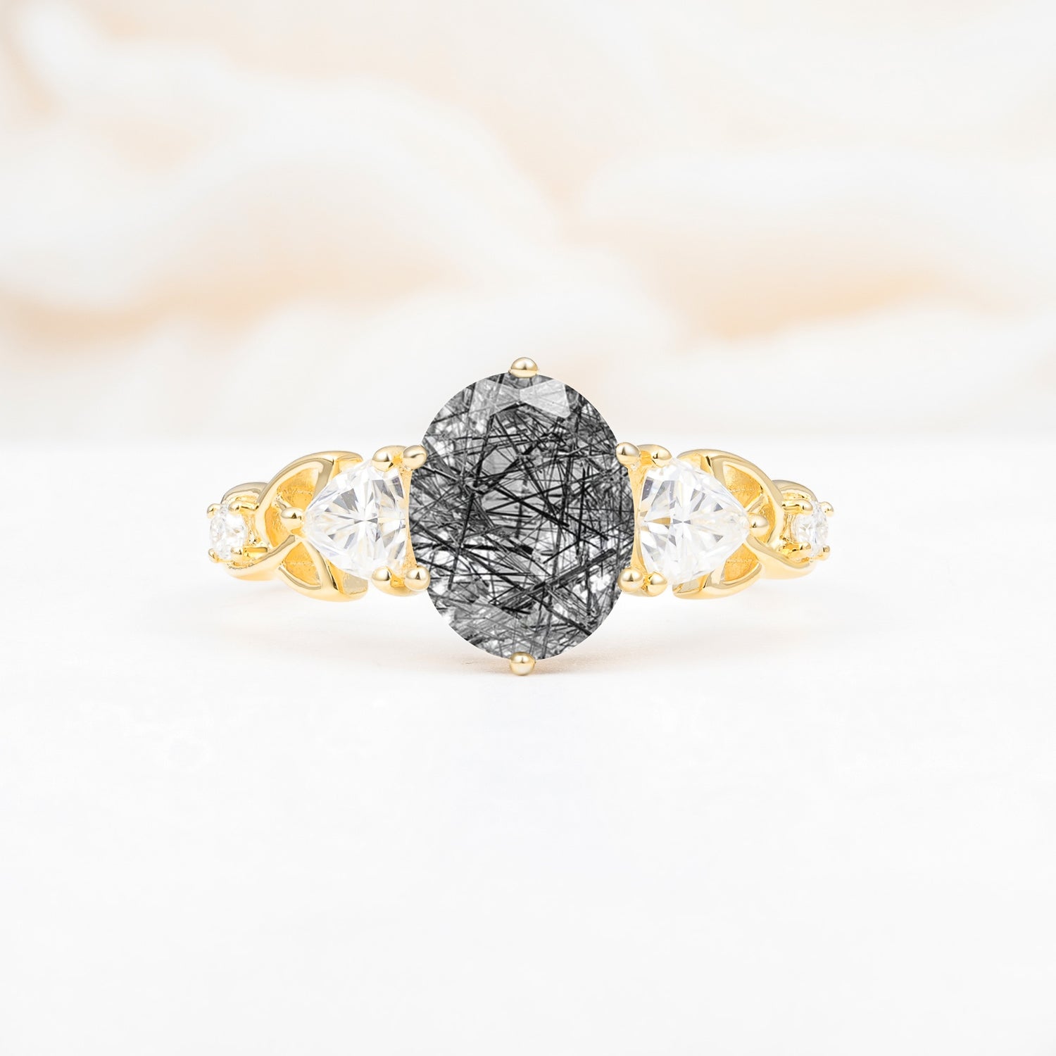 Elegant Oval Cut Trillion Side Accent Black Rutilated Quartz Engagement Ring - Additional view