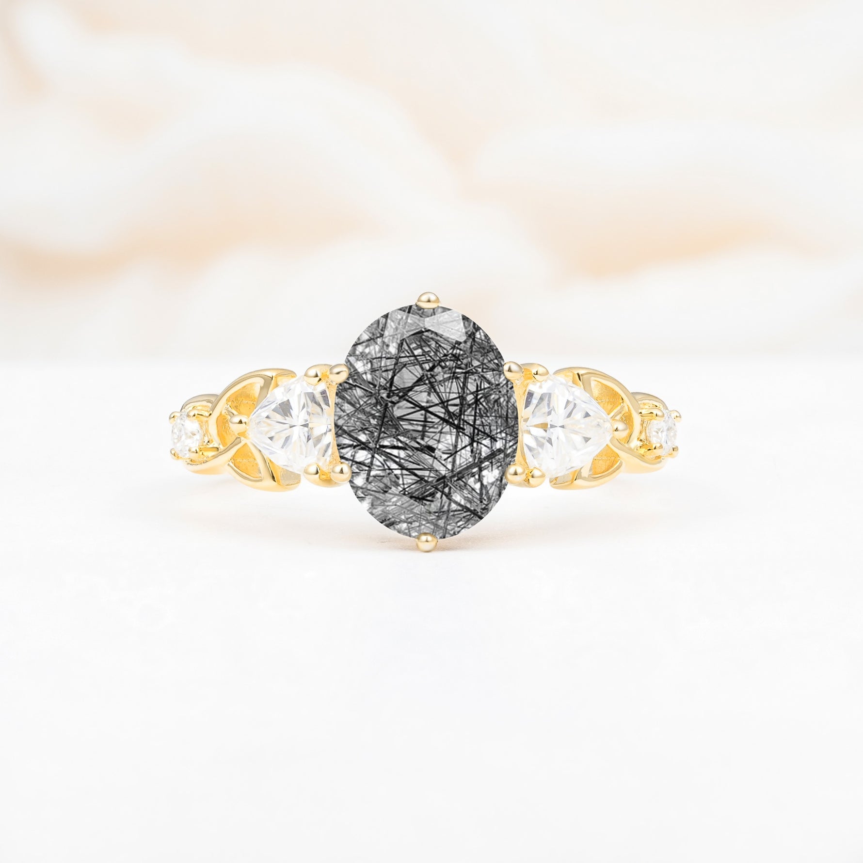Elegant Oval Cut Trillion Side Accent Black Rutilated Quartz Engagement Ring - Additional view