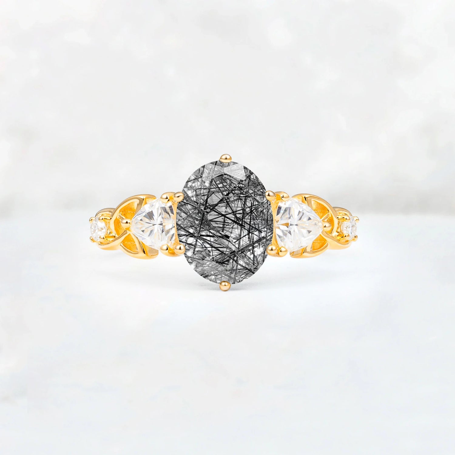 Elegant Oval Cut Trillion Side Accent Black Rutilated Quartz Engagement Ring