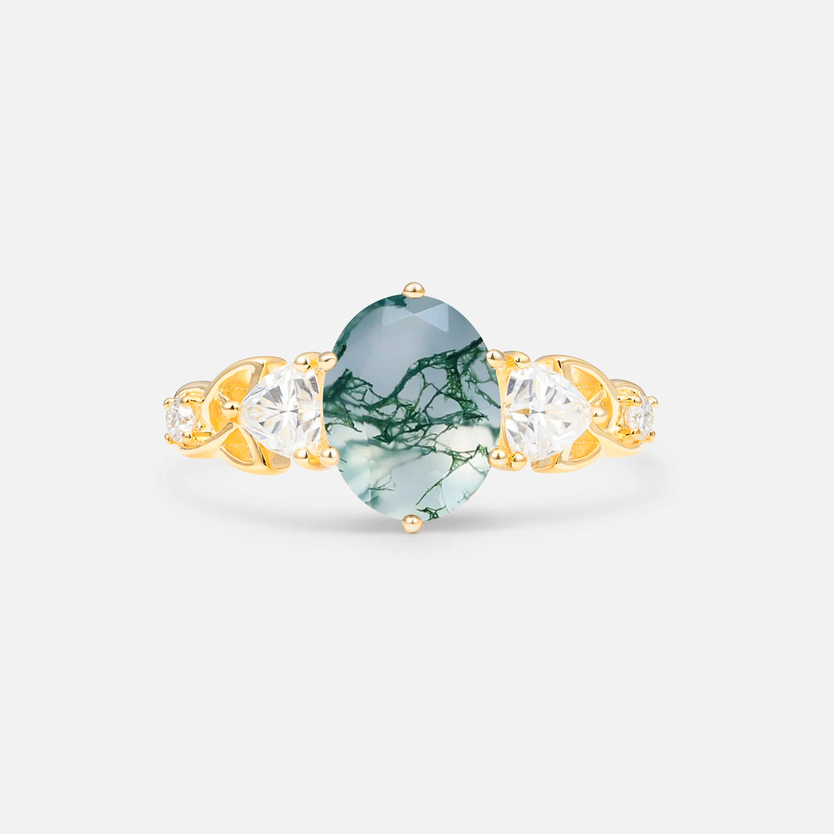 Romantic Three-Stone Oval Moss Agate Engagement Ring with Pear Round Accents